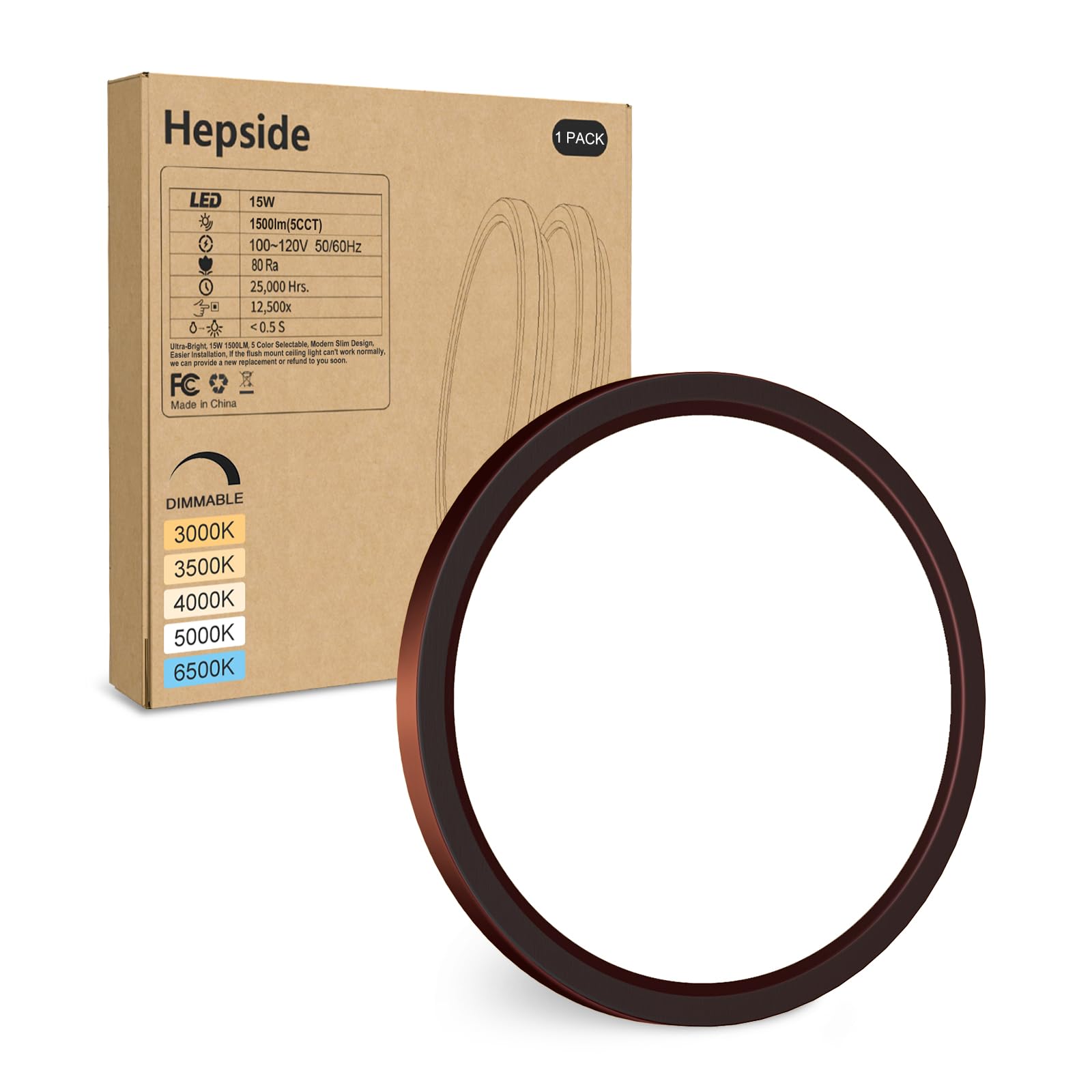 Hepside Led Flush Mount Ceiling Light Fixture Oil Rubbed Bronze, 7Inch 15W, Dimmable&3000K-6500K Adjustable Low Profile Ceiling 