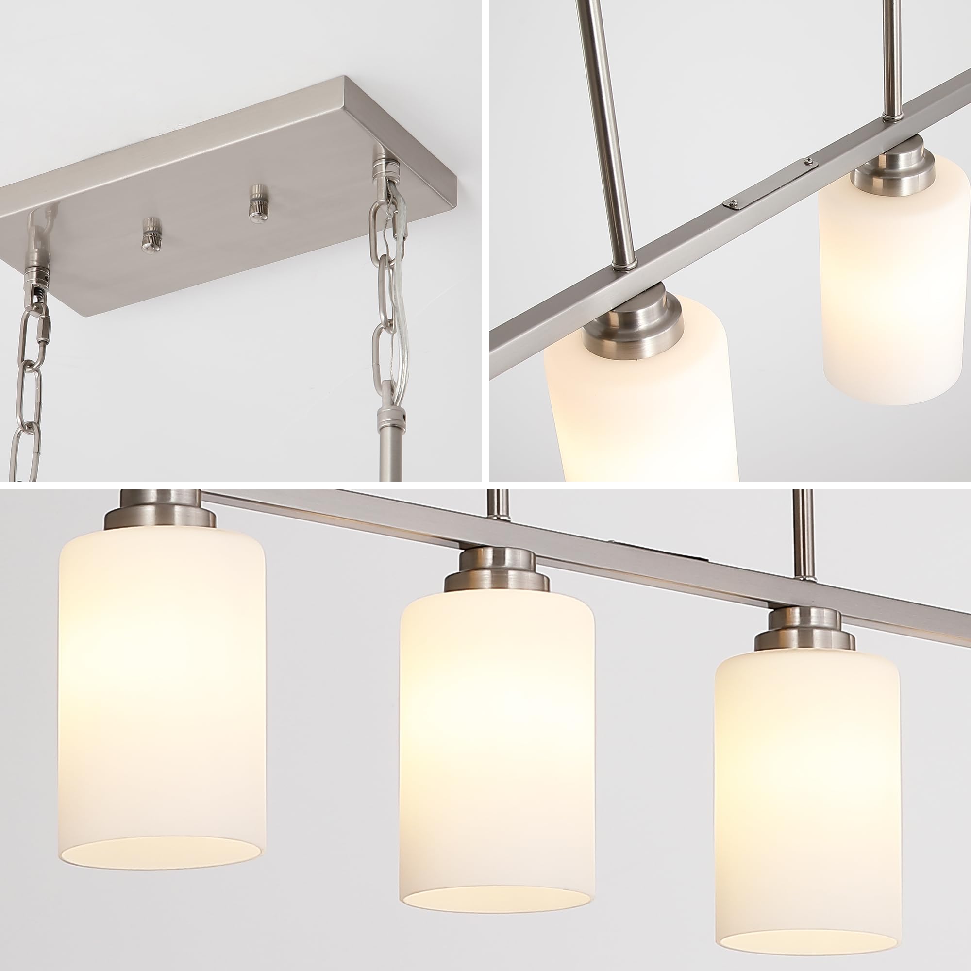 Mecgirn 4-Light Brushed Nickel Chandelier with Milk Glass Shade - Linear Pendant Lighting for Kitchen Island & Dining Room