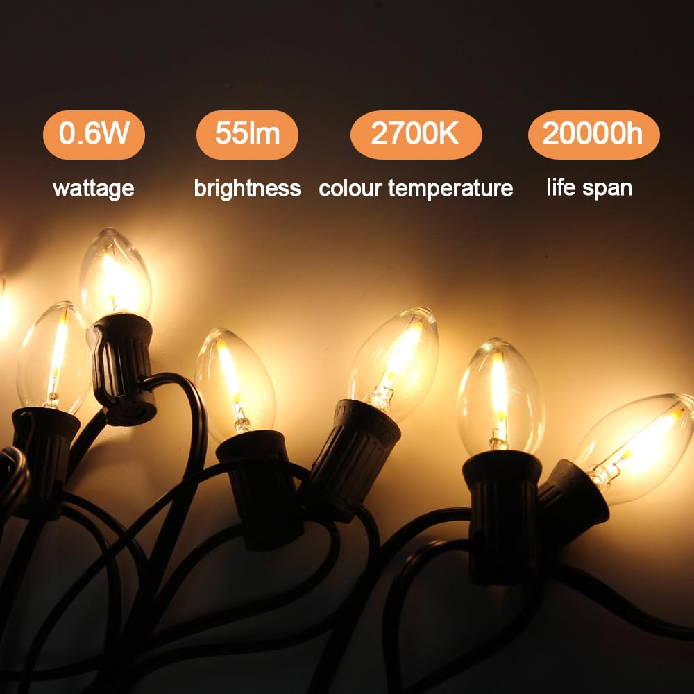 NETEHA C7 LED Christmas Light Bulbs, 50 Pack, Clear, E12 Base, Waterproof for Outdoor String Lights and Halloween Decor