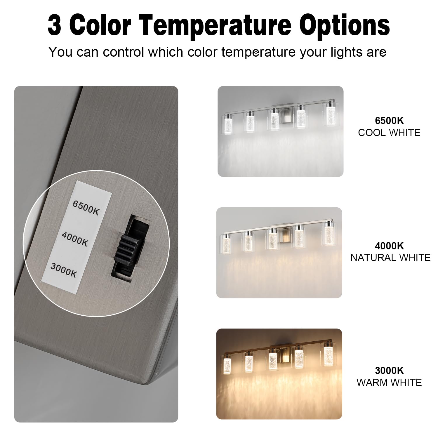 SineRise 5-Light Brushed Nickel Vanity Light, Dimmable LED with 3 Color Modes, Modern Bathroom Fixture, Clear Glass Shade
