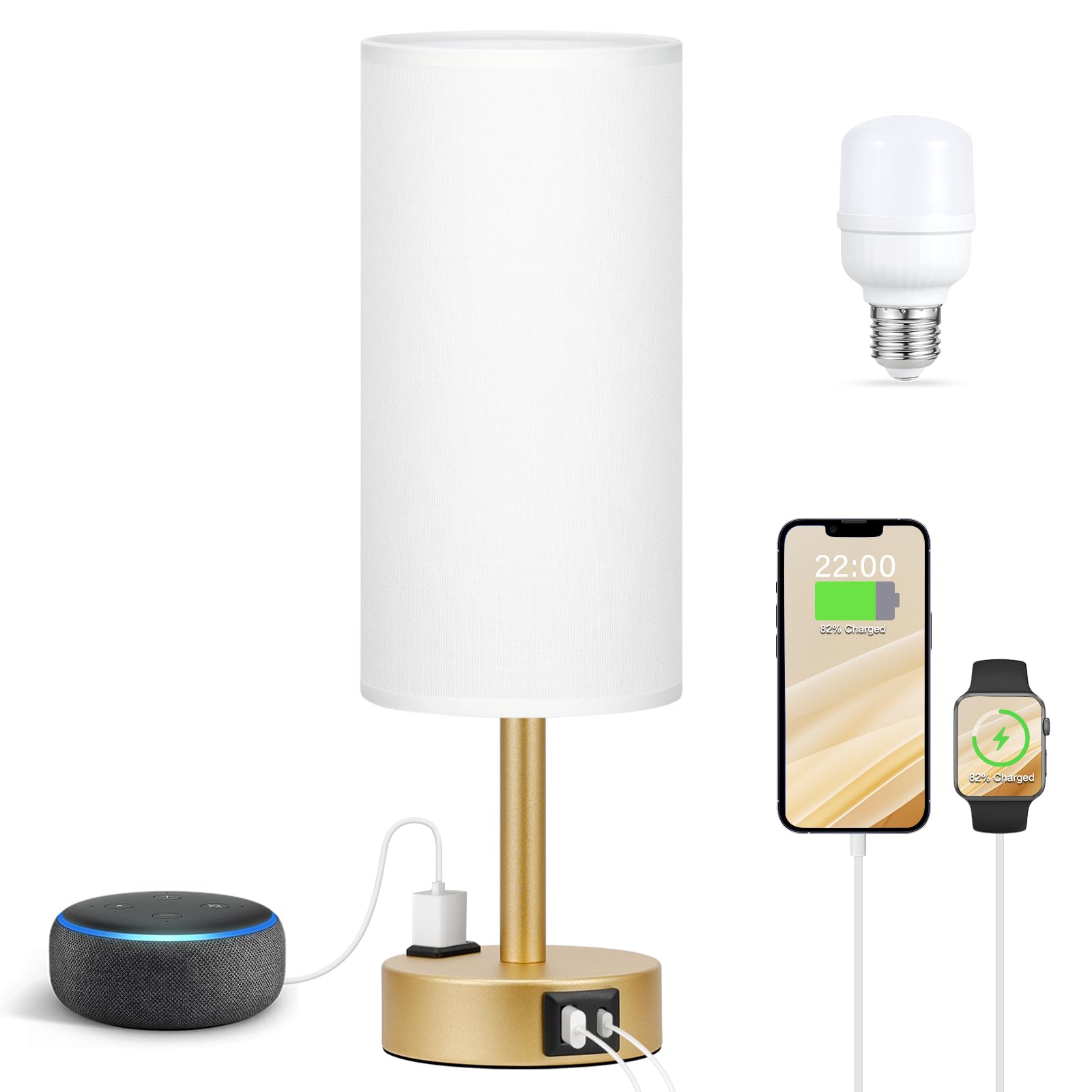 Fenmzee 3-Way Dimmable Touch Lamp - 14" White Linen Shade, USB C Ports, AC Outlet, LED Bulb Included, Model 12-23