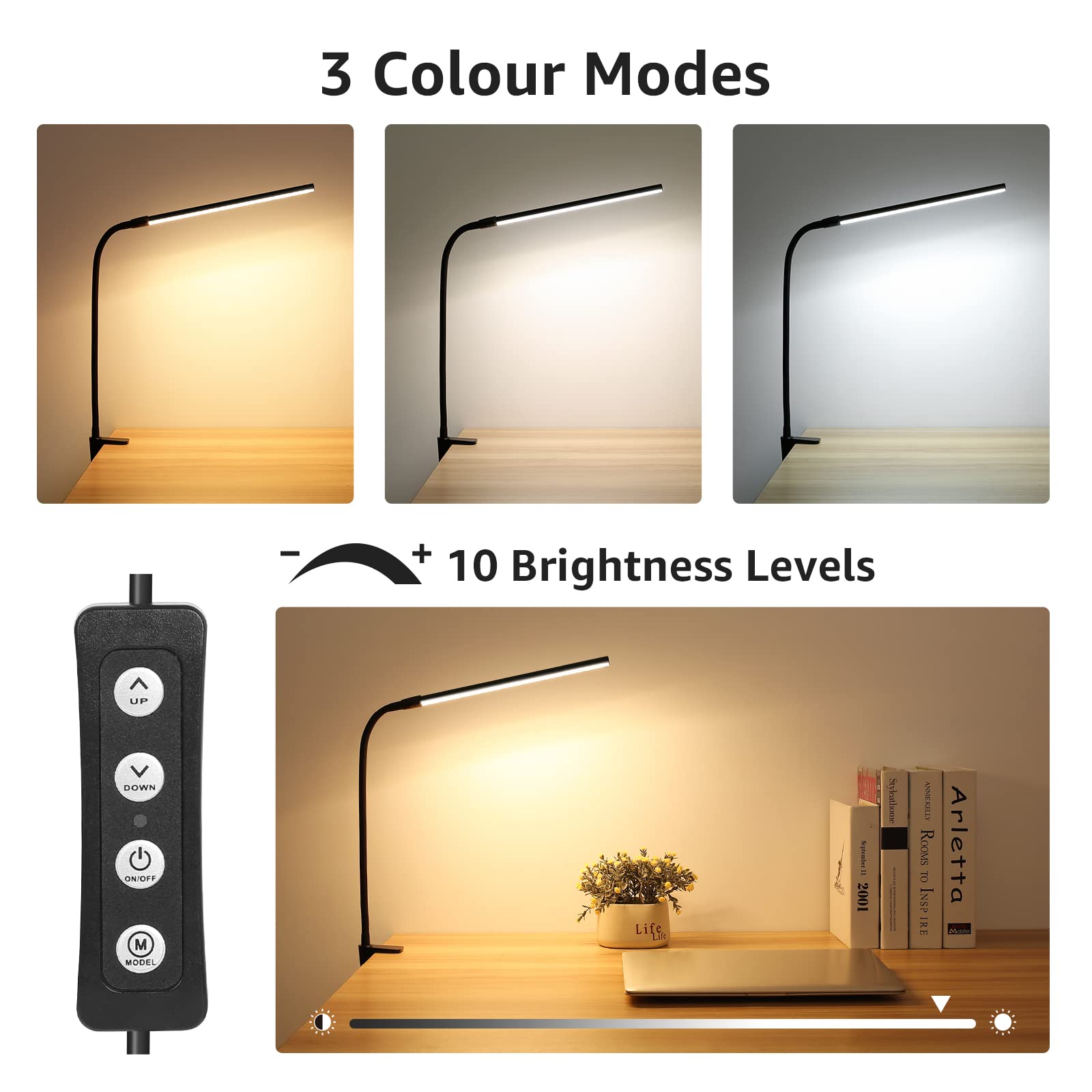 Lepro Clip-On Desk Lamp LED, Dimmable USB Clamp Light, 3 Color Modes, Flexible Gooseneck, Black, Model PR310006-DWW