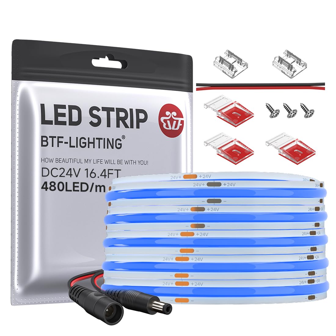 BTF-LIGHTING FCOB COB LED Strip Blue Color 480LED/m 16.4FT DC24V Flexible High Density Uniform Light 8mm Width Bright Dimmable f