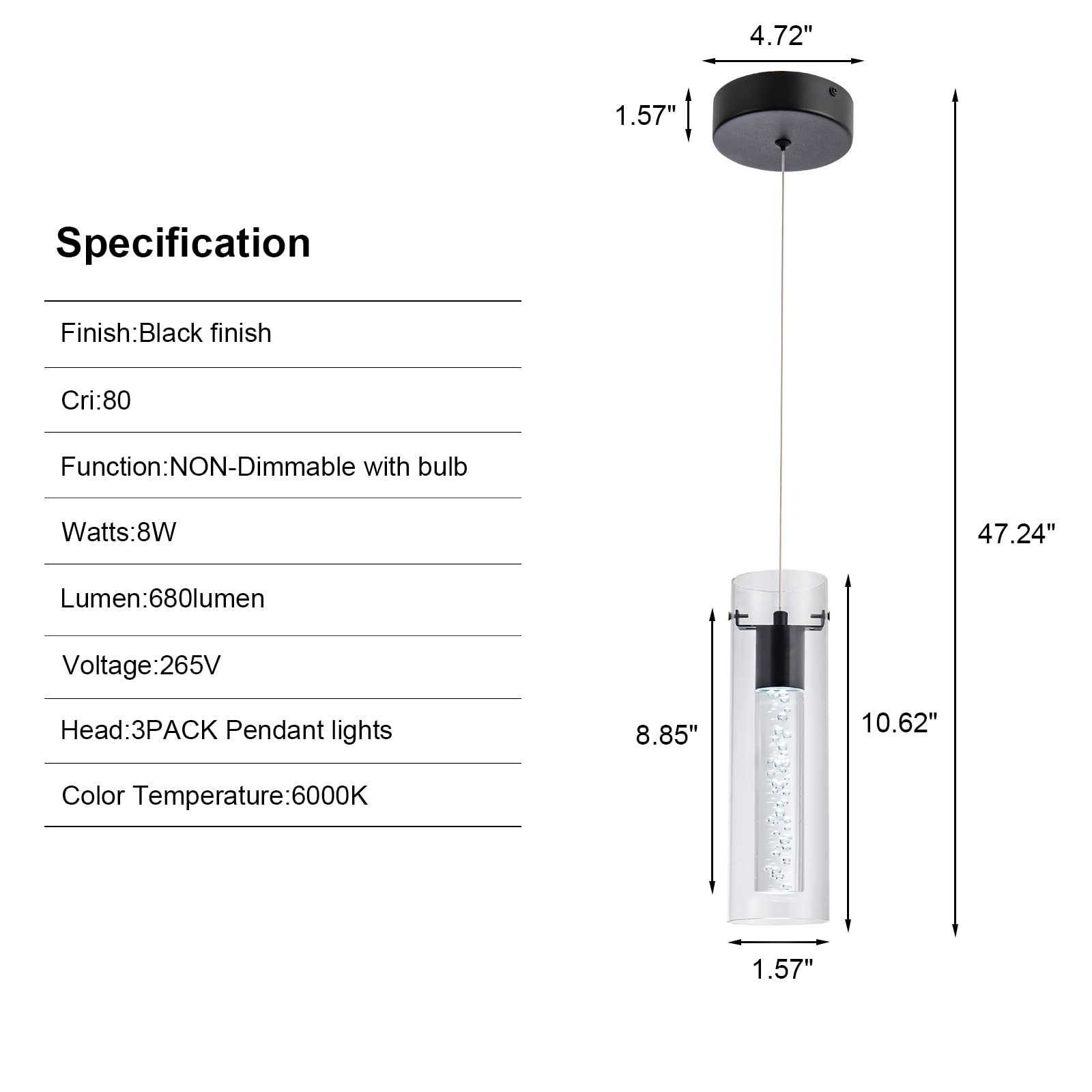 votag Mini Pendant Lights 3-Pack 24W CRI80 1920 Lumen 6000K Black Aluminum Model PI-0172A1-24W3-BK