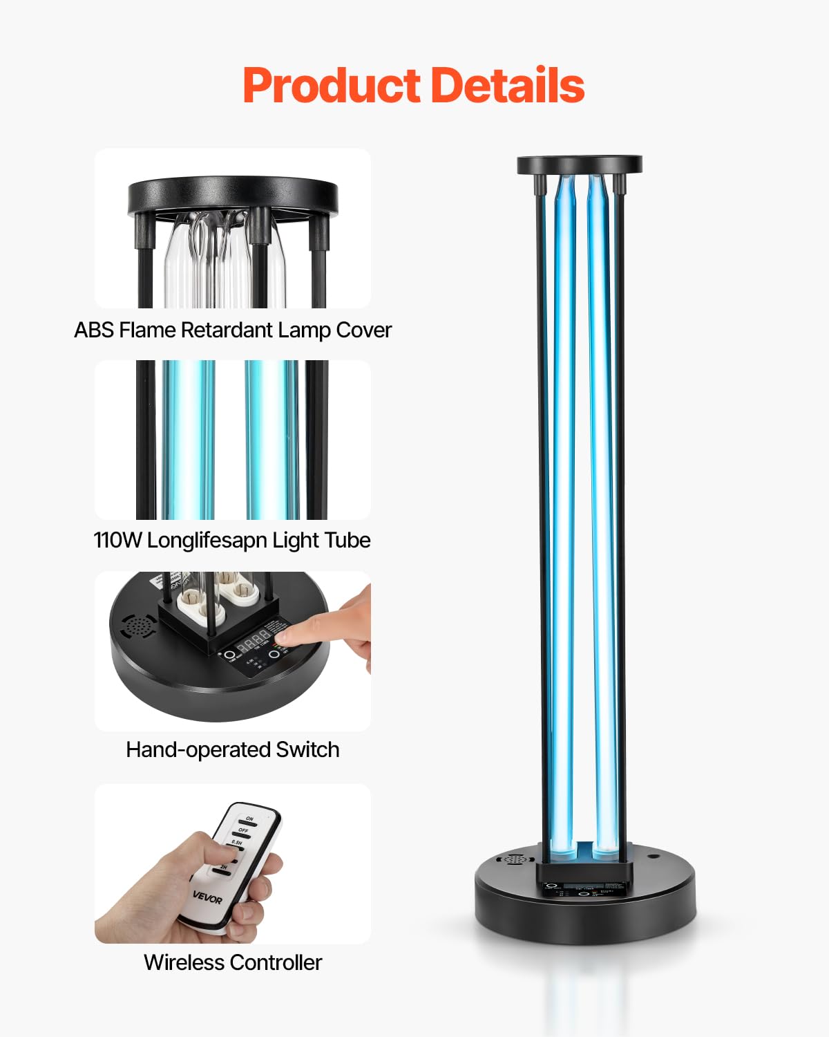 VEVOR 110W UV Light with Ozone Purifier, UVC Lamp, 30/60/120 Min Timer, Remote Control, for Rooms up to 600 sqft