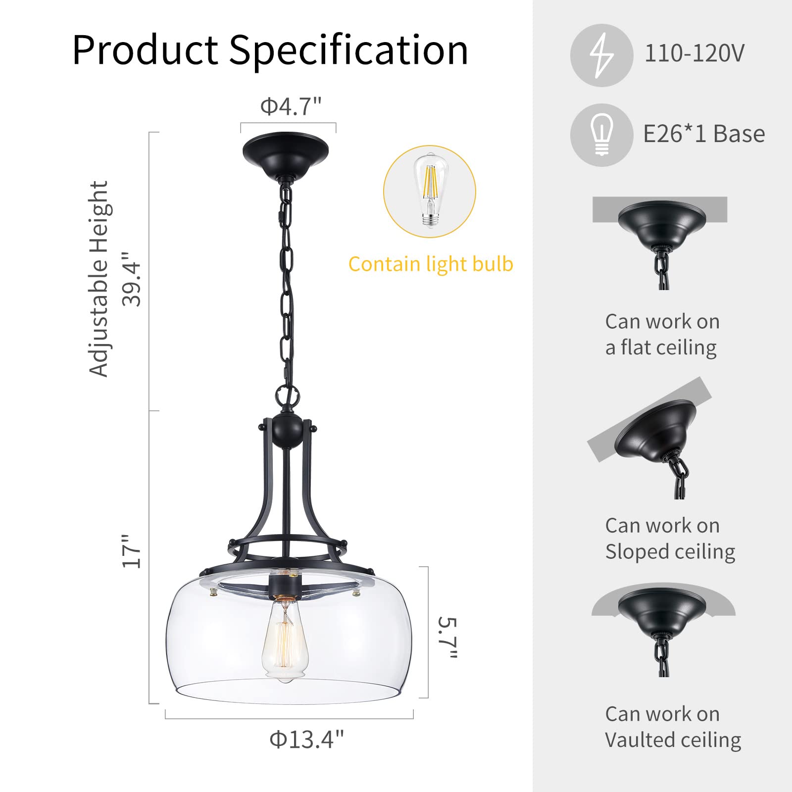 Wuzups Rustic Farmhouse Led Chandelier Pendant Light, Black Metal, 17&quot; X 13.4&quot; For Dining Room