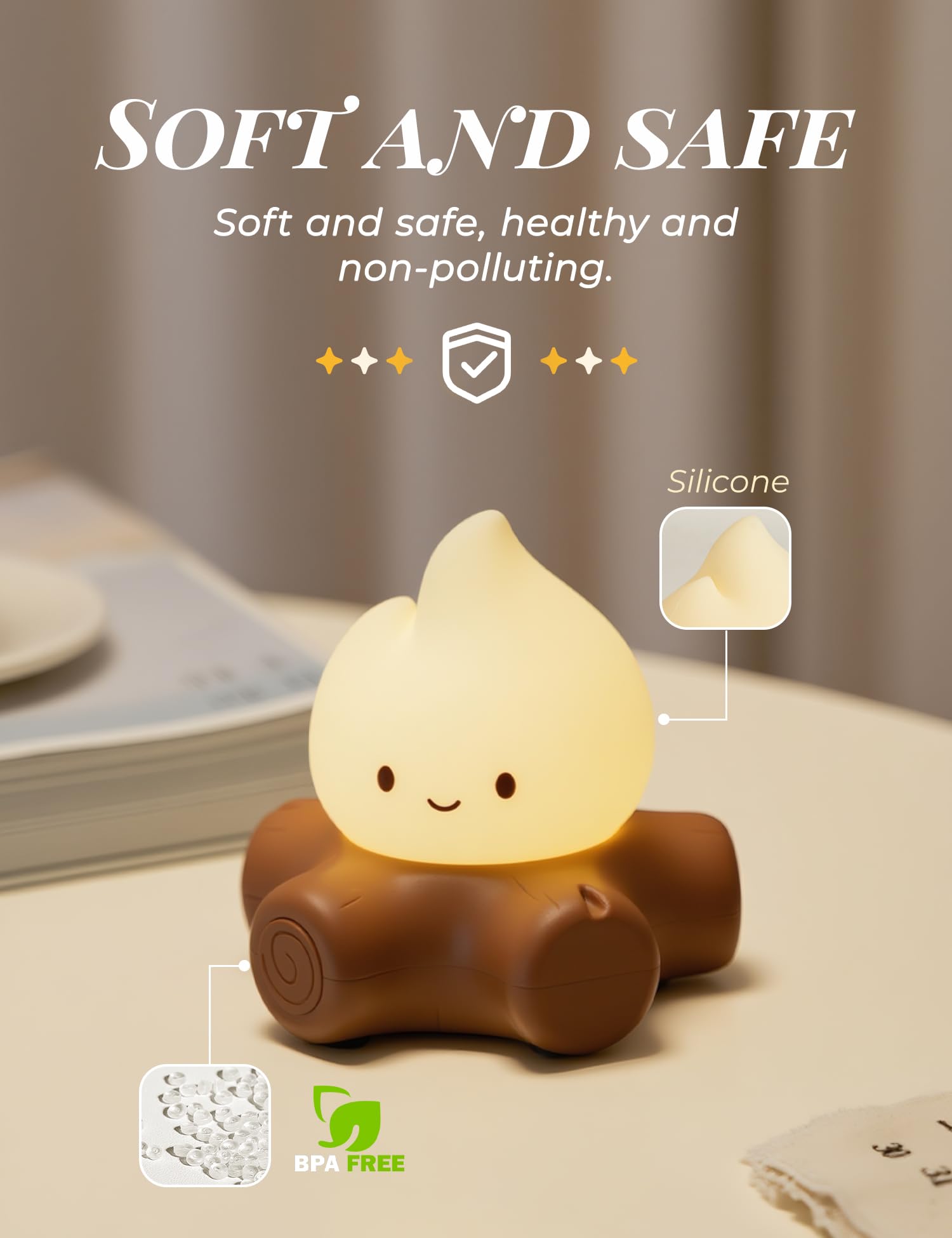 BANDIANCY Cute Campfire Night Light,Portable Rechargeable Lamp, Baby Night Light Nursery Decor, Stepless Dimmable LED Warm Yello