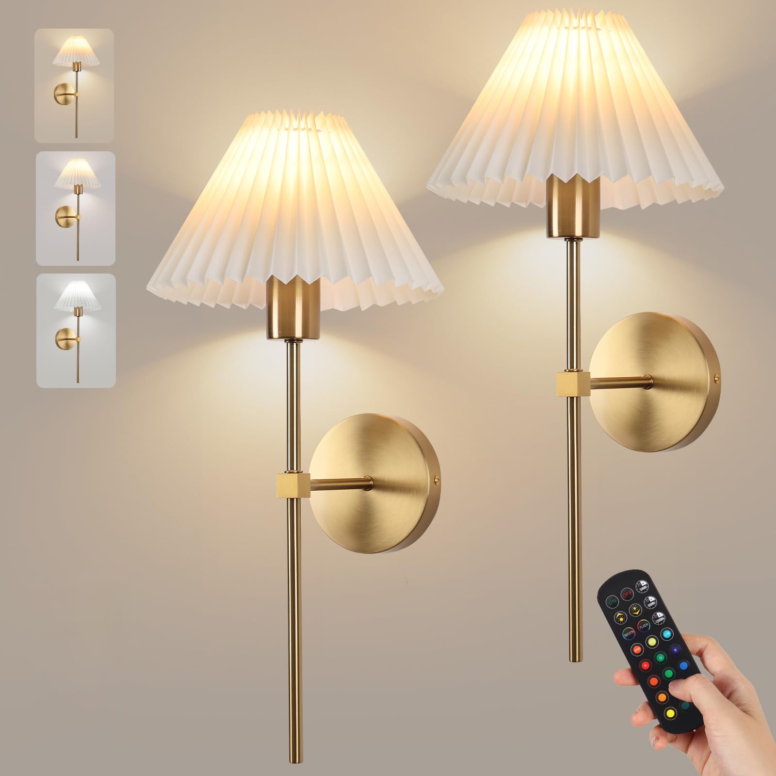 Gold Wireless Wall Sconce Sets of 2, Pleated Shades Rechargeable Battery Operated Wall Sconce, Retro Industrial Wall Lights Bath