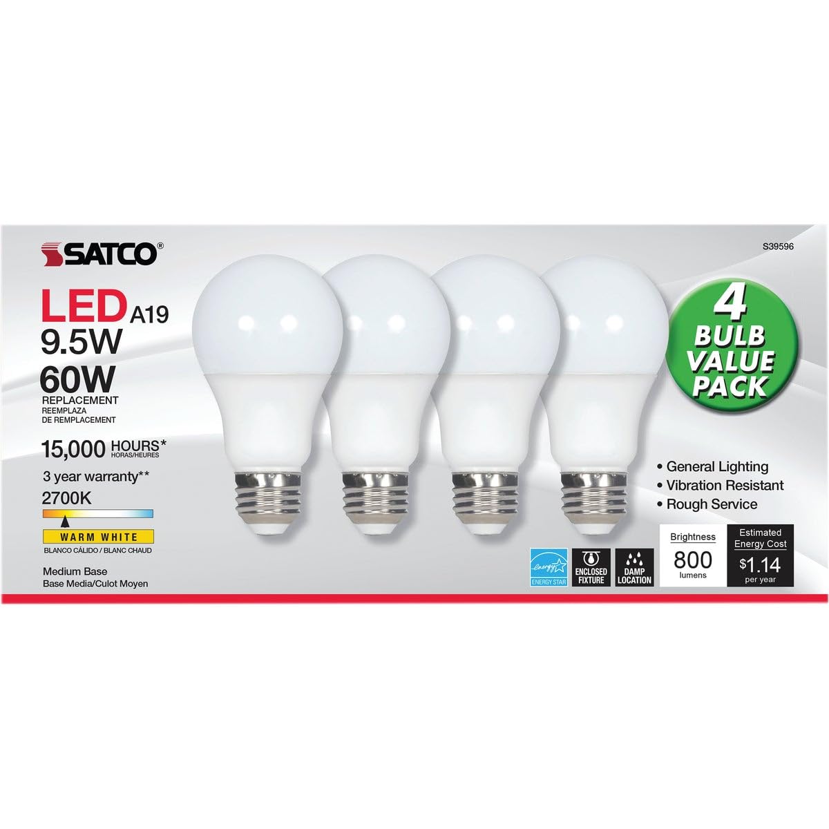 Satco S9596 Glass Light Bulb, 4 Count Pack, 4.18 Color