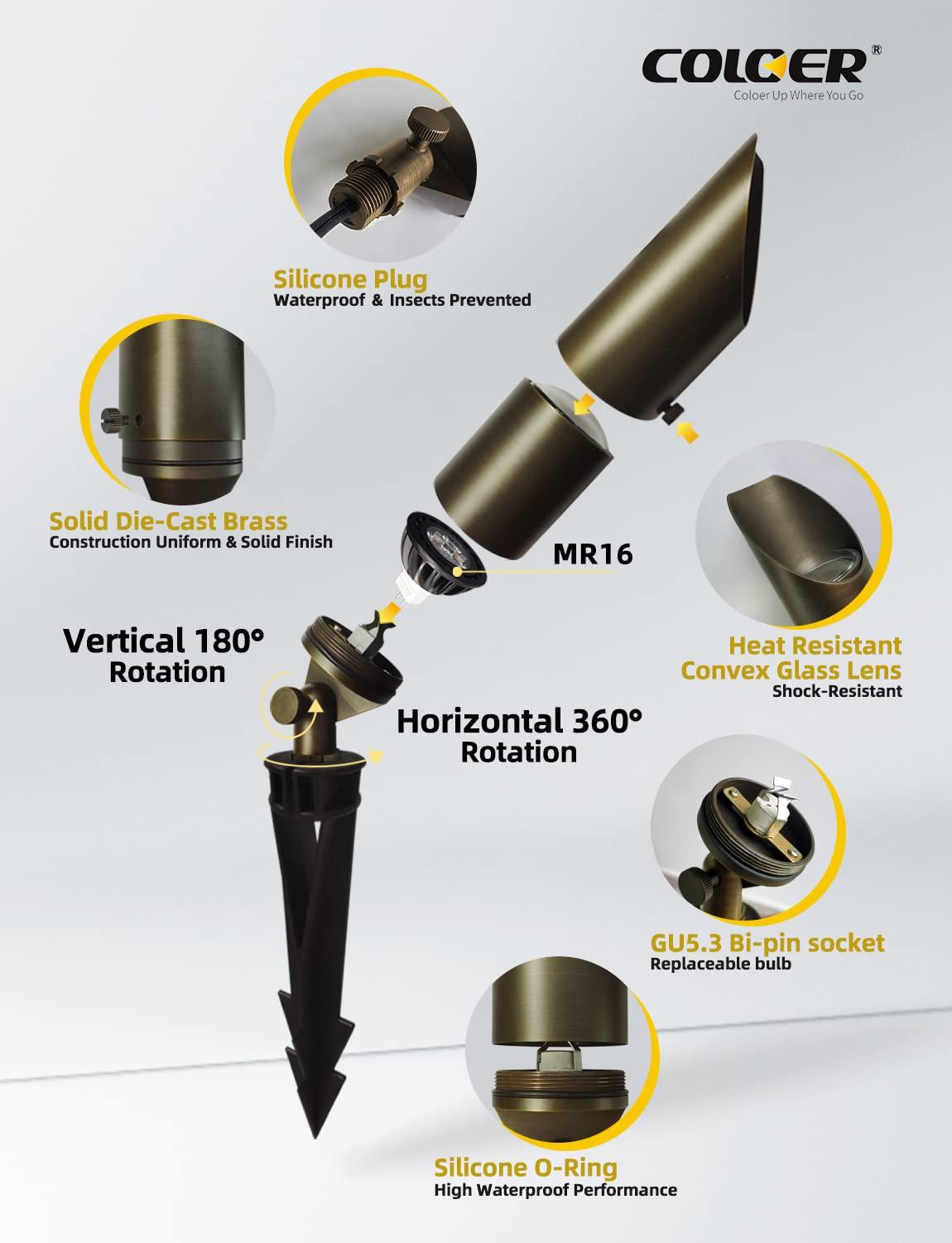 Coloer Brass Landscape Spotlights, 10 Pack Spotlight Fixture Outdoor With 5W Aluminum Housing Mr16 Led Bulb 2700K 450Lm, 12V Ac/Dc Low Voltage Landscape Lighting, Uplight For Garden And Patio(103B)