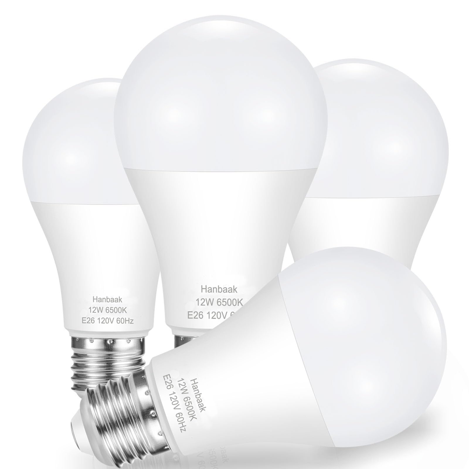 Hanbaak 100W Equivalent Light Bulb, 12W E26 Led Bulbs, Non-Dimmable, Daylight White 6500K 4-Pack