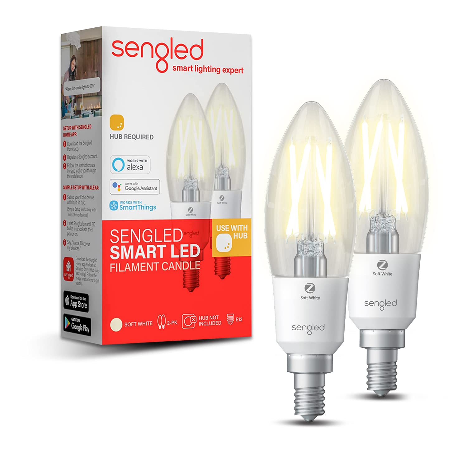 Sengled Zigbee Smart Light Bulbs, 40W Equivalent, Soft White B11, 2 Pack, Model E1F-N9G