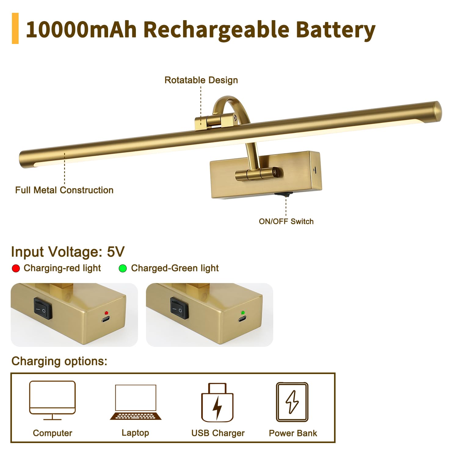 DESOOP Wireless Picture Lights - 24 Inch Brass Art Lighting with Remote & Timer, Battery Operated, Model 7115, Warm White