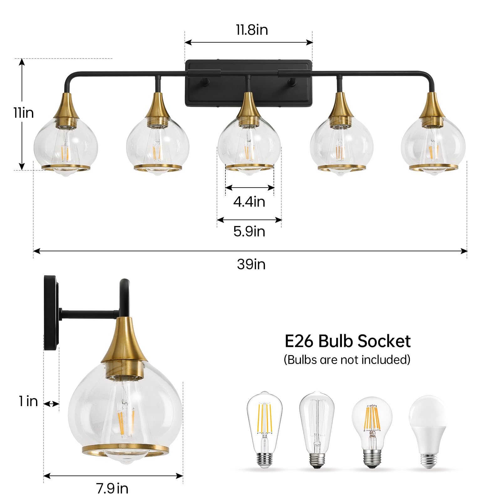 HAHZT Bathroom Vanity Light 5-Lights Metal Wall Sconce 39.2 inch Black and Gold Model 8033ML with Clear Glass Shade
