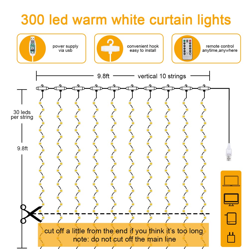 Vicloon Fairy Curtain Lights, 300 LED Warm White, 9.8×9.8Ft, Waterproof, USB Powered, Remote Control, Model 9V98