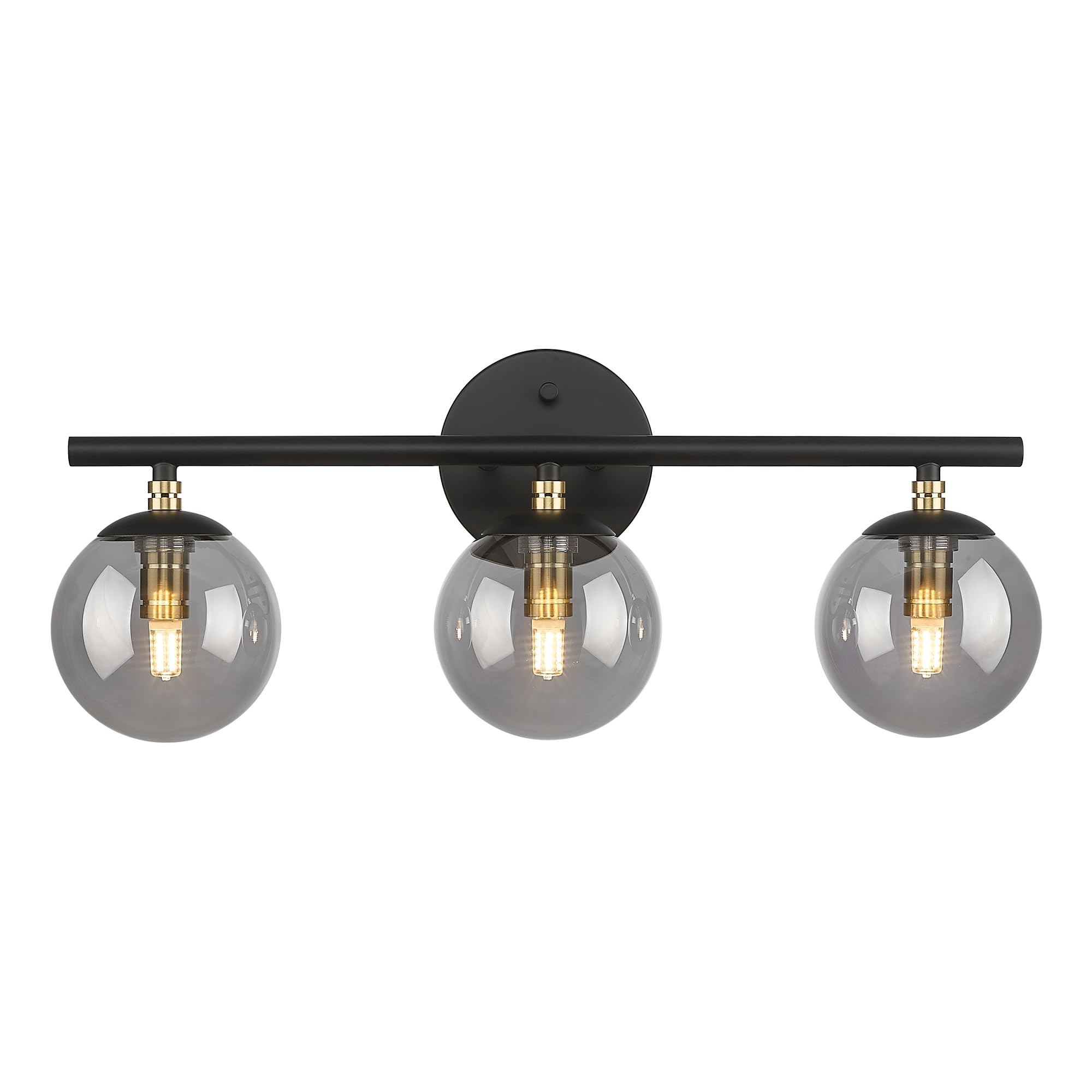 Lms Black Vanity Light, 3-Light Bathroom Light Fixtures 20.5 Inch, Black And Brass Gold Finish With Globe Glass Shade, Lms-117