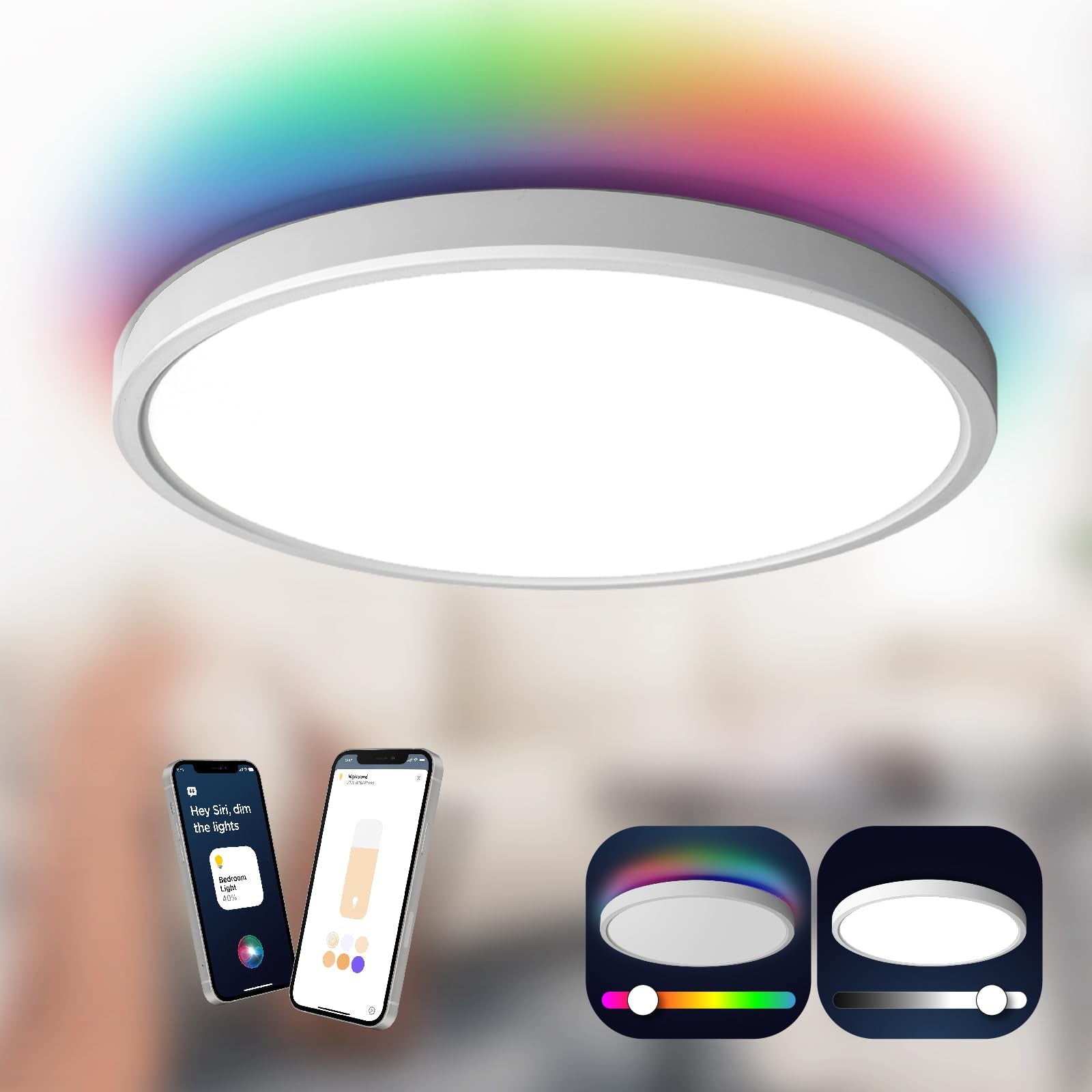 Taloya Smart Led Flush Mount Ceiling Light, 12 Dimmable 3000-6500K, White, Rgb Color Changing, Homekit/Siri Compatible, Model G2 300