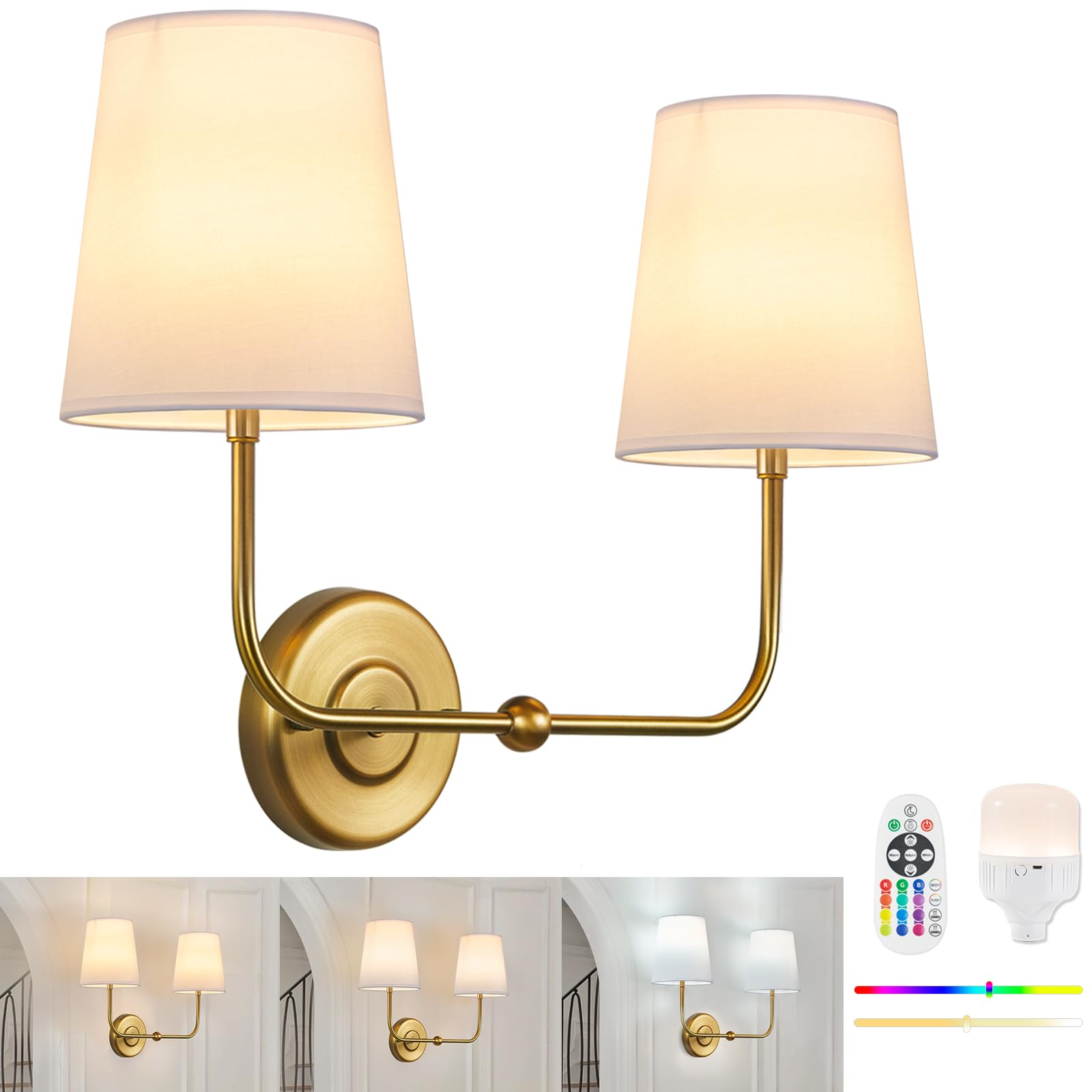 TERLEENART Battery Operated Double Wall Sconce, Cordless Rechargeable Battery Powered 2-Lights Fabric Sconces with Remote Contro