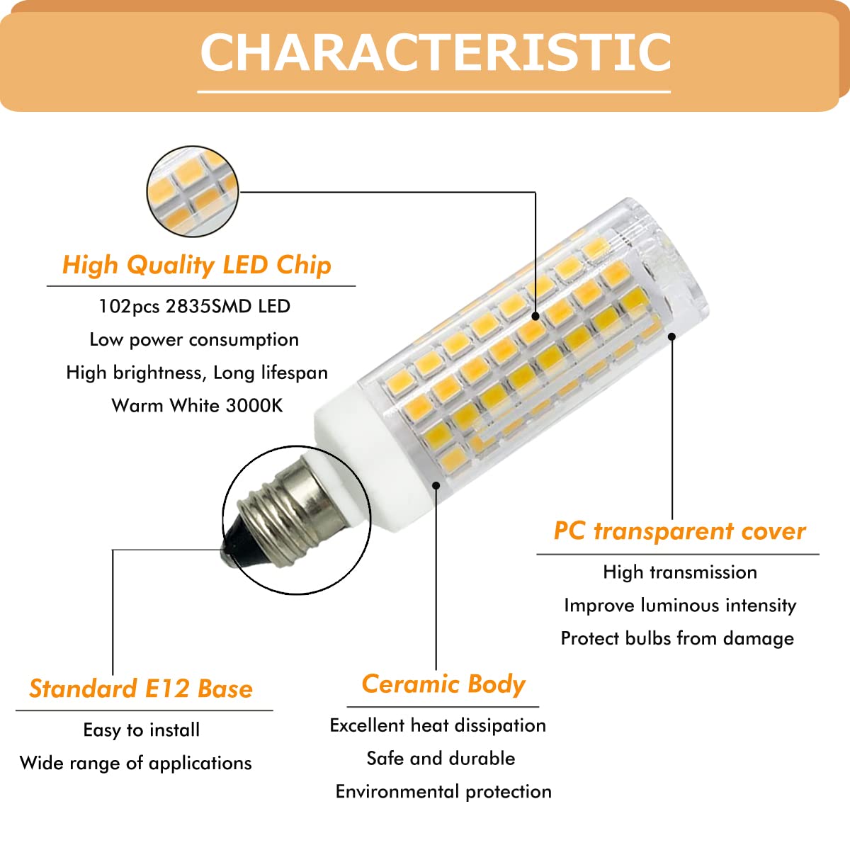 HXWY E12 LED Bulb 7W Dimmable 120V 730LM Candelabra Base Pack of 4 Warm White 3000K
