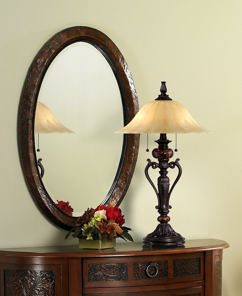 Kathy Ireland Amor Traditional Vintage Table Lamp 26'' High Bronze Brown Marble Flared Alabaster Champagne Glass Shade Decor For