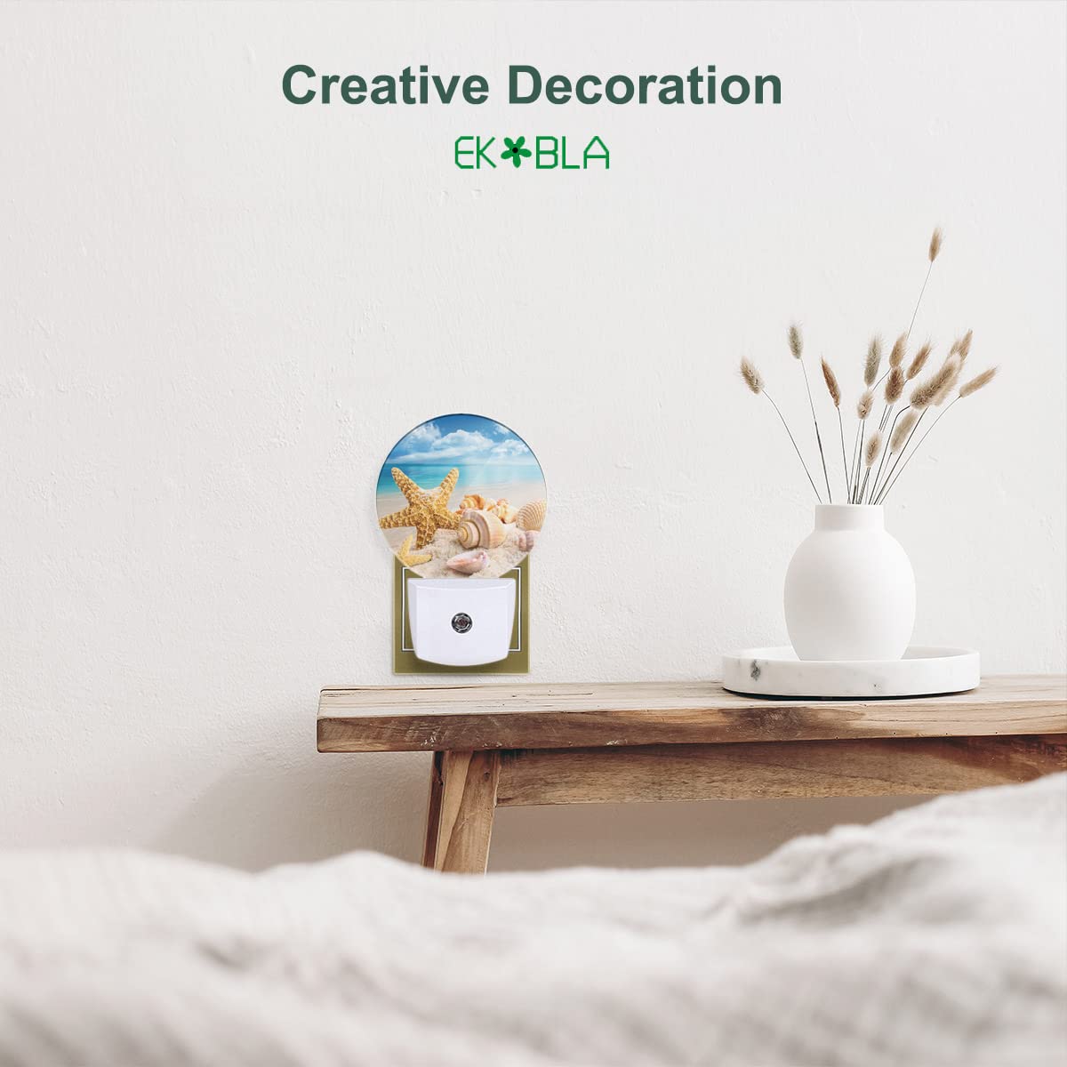 Ekobla Sunny Day Beach Night Lights Plug Into Wall Starfish Seashell Conch On Sand Ocean Coastal Night Lamp With Dusk To Dawn Se