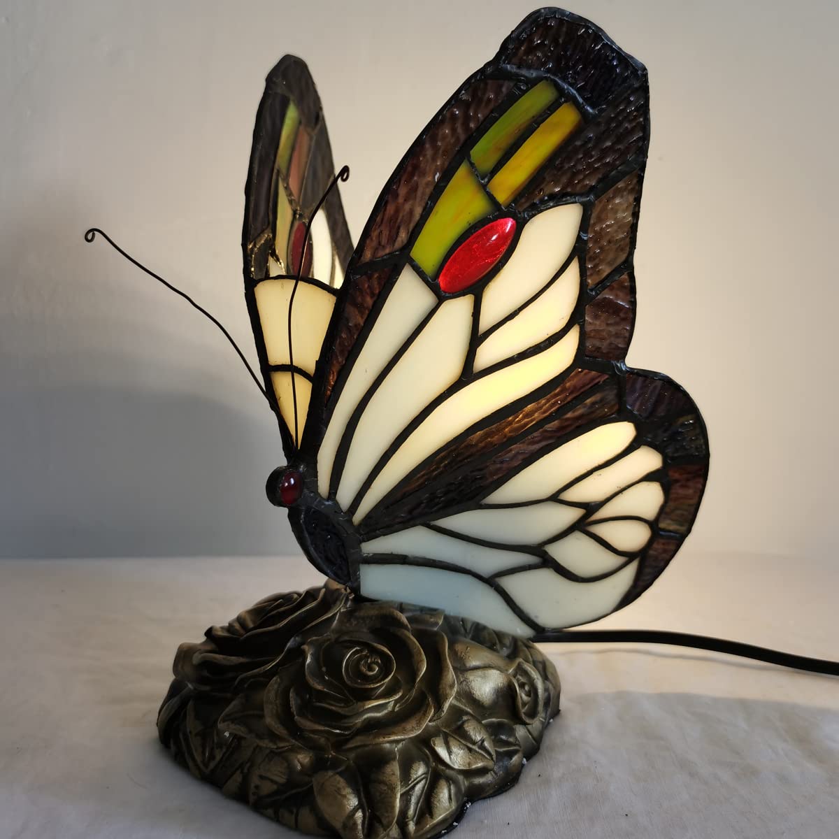 FUMAT Tiffany Bedside Table Lamp - LED Stained Glass Shade, Black & White Butterfly Design, Nightstand Light for Home Office, Gift Box Included
