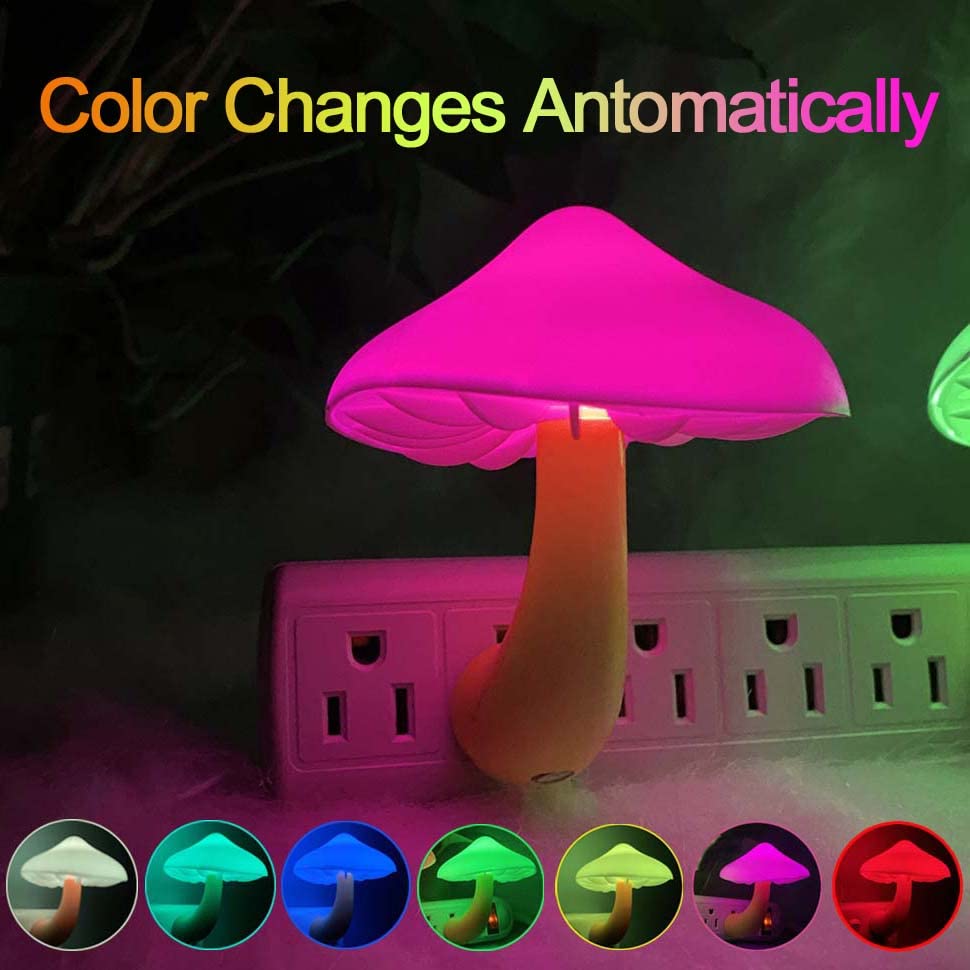 UTLK Plug-in LED Mushroom Night Light with Dusk to Dawn Sensor, 7-Color, Plastic, Model NL558 for Kids and Children