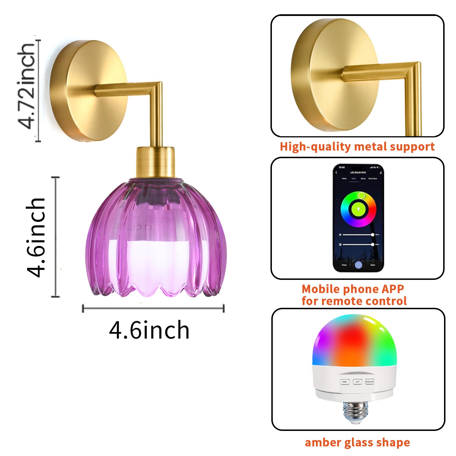 WLQCWL Gold Battery Operated Wall Sconces Set of 2, Wireless Remote Control, Glass Lampshade, Vintage Design, Model 001