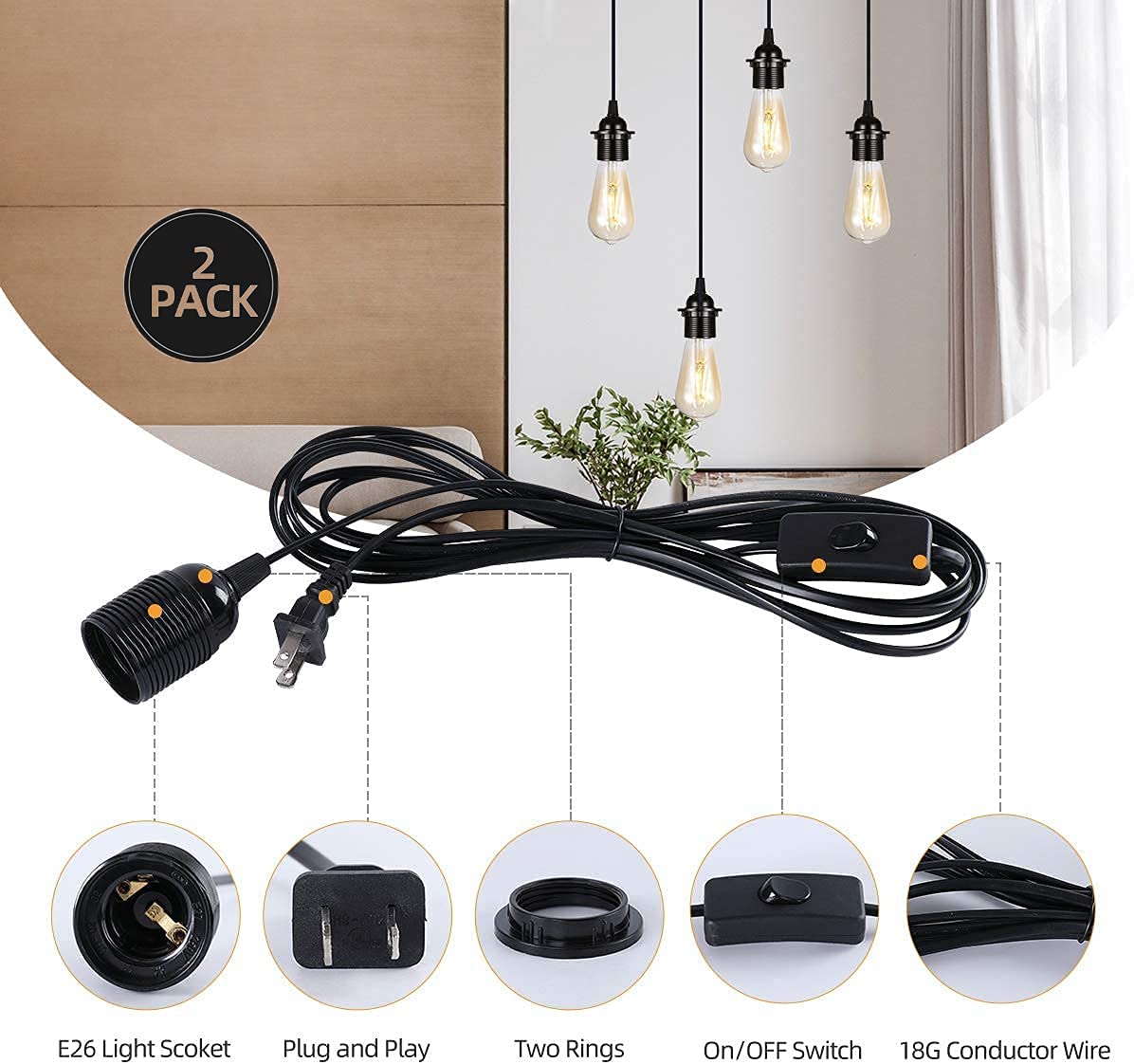 2-Pack Plug In Pendant Light, Huibona 15Ft Vintage Hanging Lantern Light Cord E26/E27 Socket, Black Pendant Light Kit With In-Line On/Off Switch And Lampshade Ring