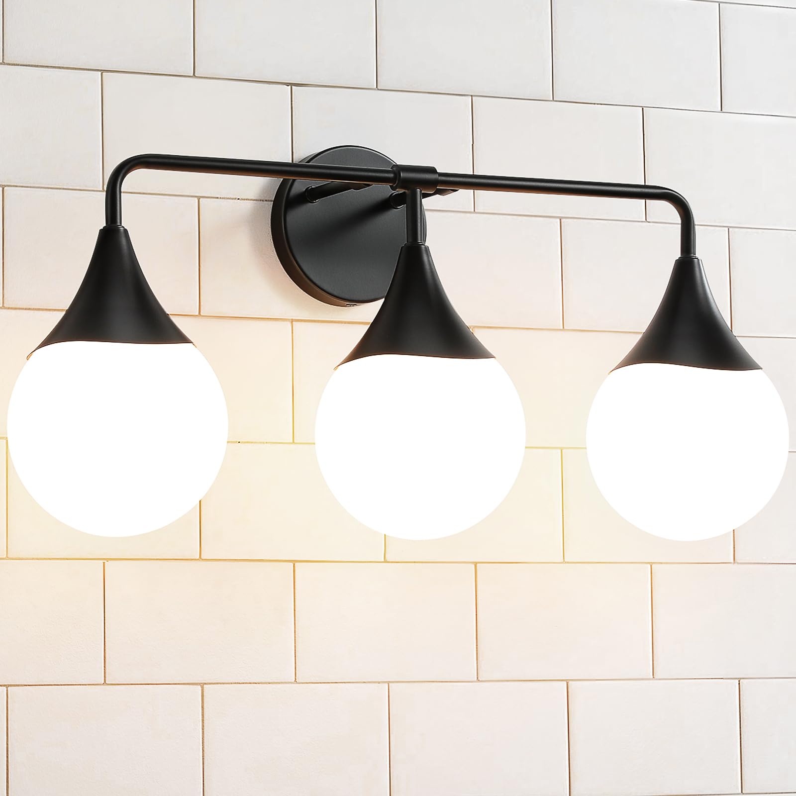 Hahzt Bathroom Vanity Light Fixtures: 3 Lights Mid Century Modern Bathroom Lighting Fixtures Over Mirror - Matte Black Wall Sconce With Milky White Globe Glass For Bath Living Room