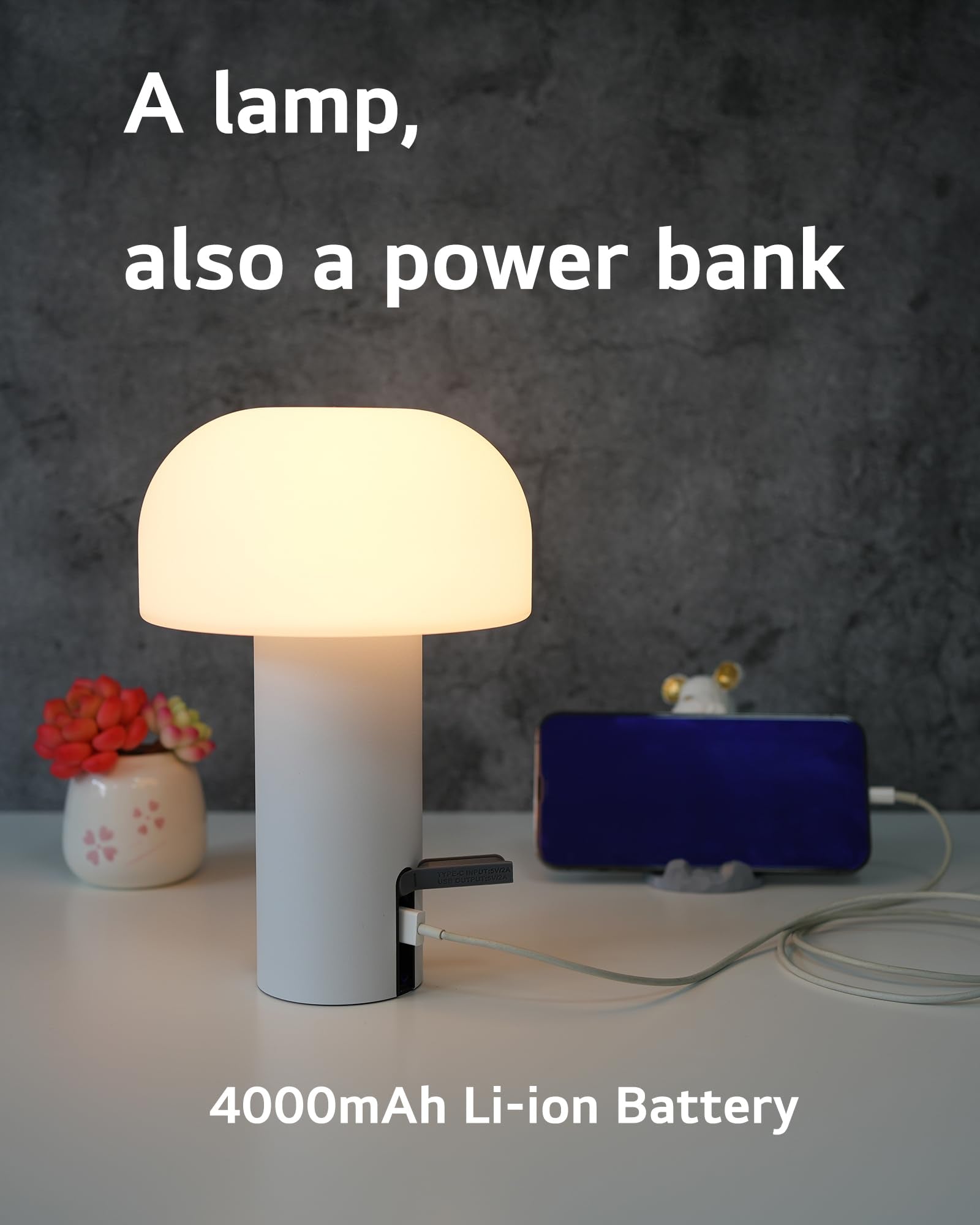 Ilovinit Waterproof Rechargeable Outdoor Mushroom Table Lamp, Cordless Usb Touch Dimming Light - White