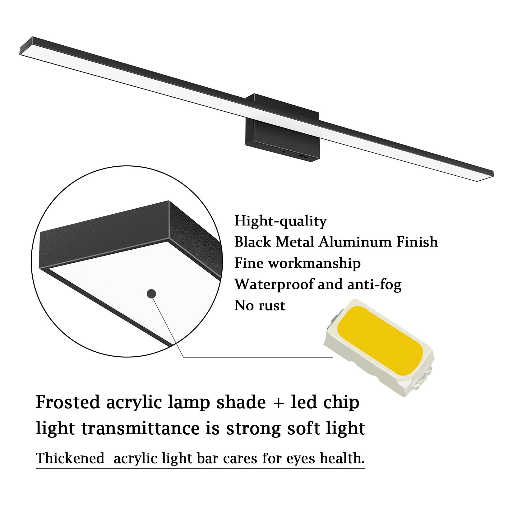 Ralbay Modern Black Vanity Light 36W Acrylic LED 48 Inch 5 Color Temperature for Bathroom Over Mirror Lighting