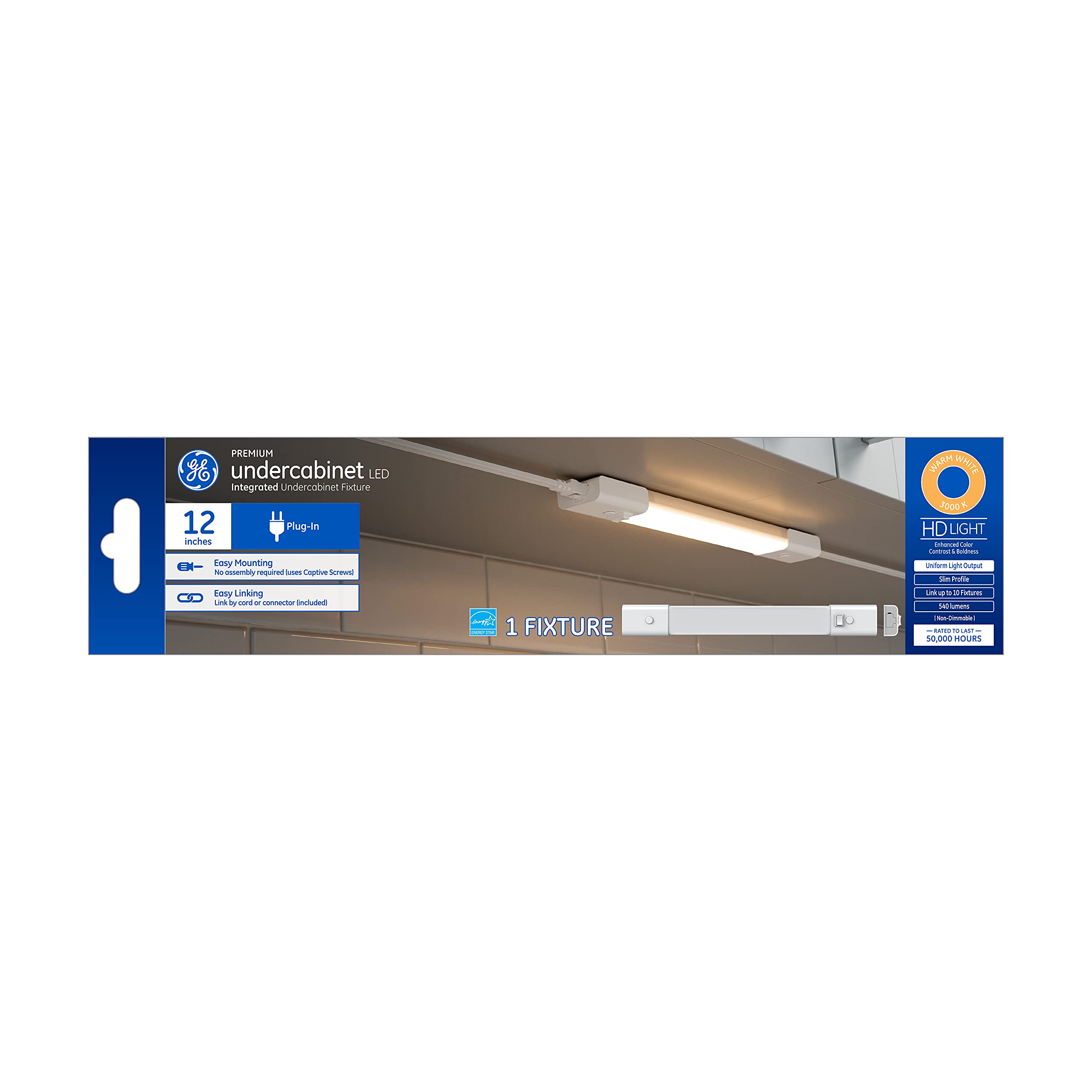 GE LED Undercabinet Light Fixture, Linkable, 12in, Warm White, Model 93129097, Plastic, 1 Count