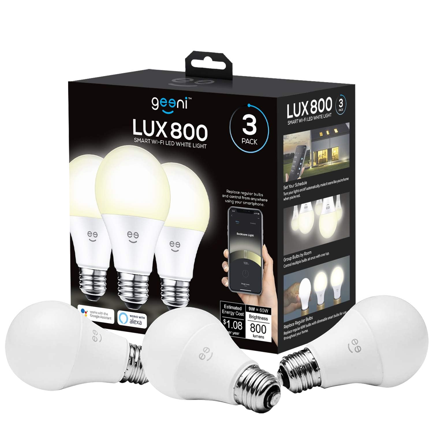 Geeni Smart LED Bulb - WiFi Dimmable, Soft White, 800 Lumens, Voice Control, Model GN-BW932-999, 3 Count (Pack of 1)