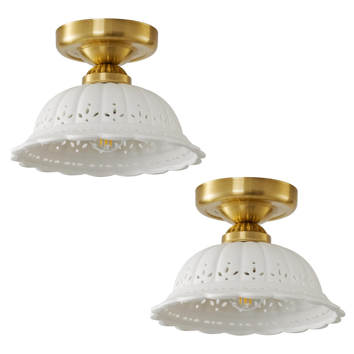 Vintage Ceramic Semi Flush Mount Ceiling Light - 2 Pack, Gold Hallway Light Fixtures Ceiling, Small Ceiling Light,Farmhouse Flus