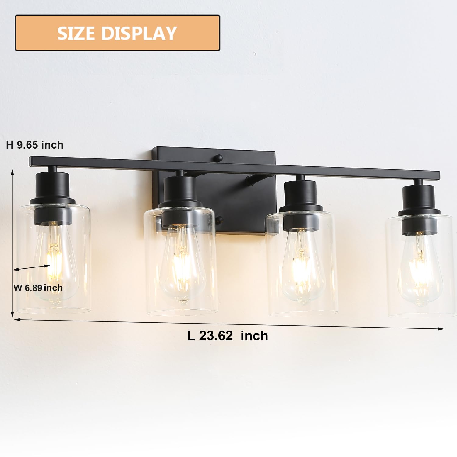 Emong 4 Light Bathroom Vanity Light, Matte Black Bathroom Light Fixtures With Glass Shade, Modern Wall Sconces Lighting For Bath