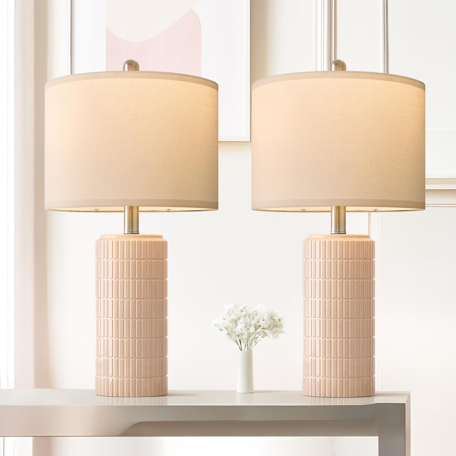 PoKat 23'' Pink Ceramic Table Lamps Set of 2, Modern Bedroom Lamps for Girls Room, Bedside Lamps for Night Stands, Cute Lamps fo