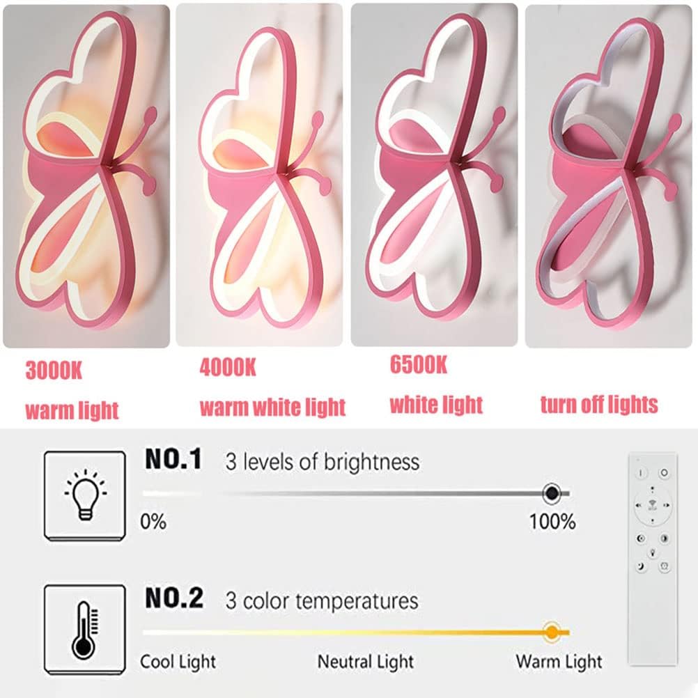Bdxky Led Ceiling Light Fixture Modern Kids Room Flush Mount Dimmable With Remote 36W Pink Butterfly Ceiling Lamp For Girl Boy B