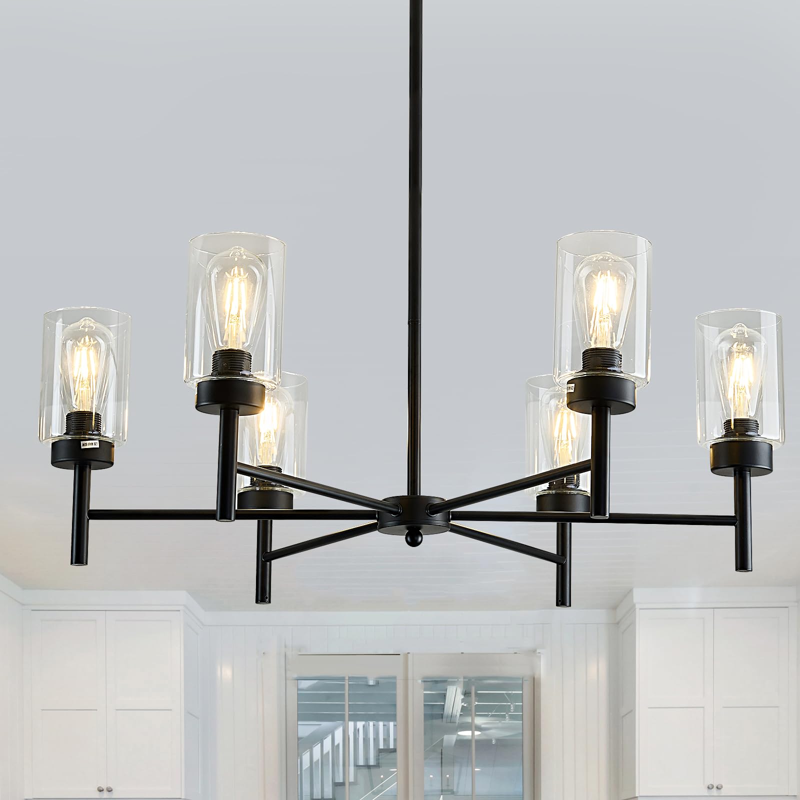 hesoge Farmhouse Black Chandelier with Glass Vintage 6 Light Hanging Pendant Light Fixture Industrial Iron Ceiling Chandelier fo