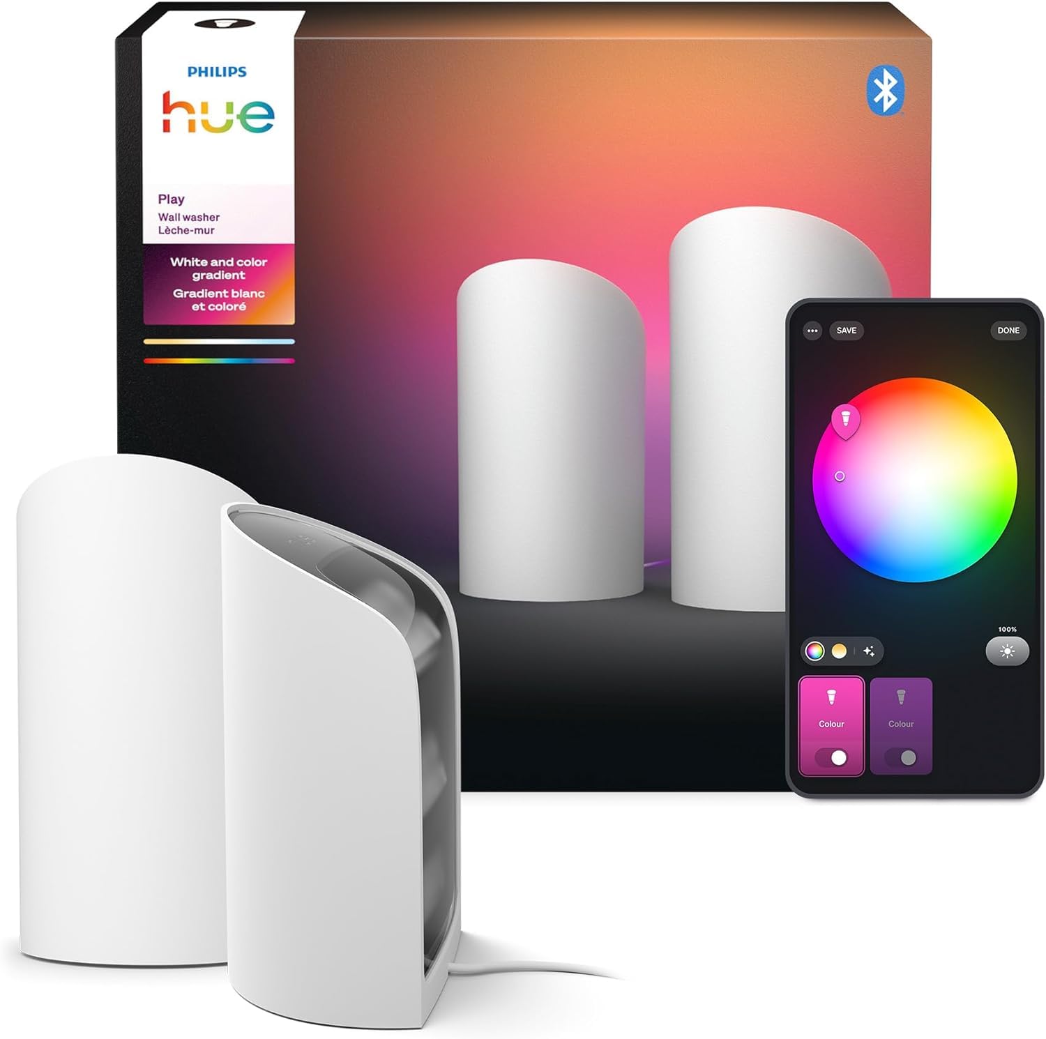 Philips Hue Play Smart Wall Washer, Bluetooth Compatible, 2-Pack, White & Color Light, Model 591999, Plastic