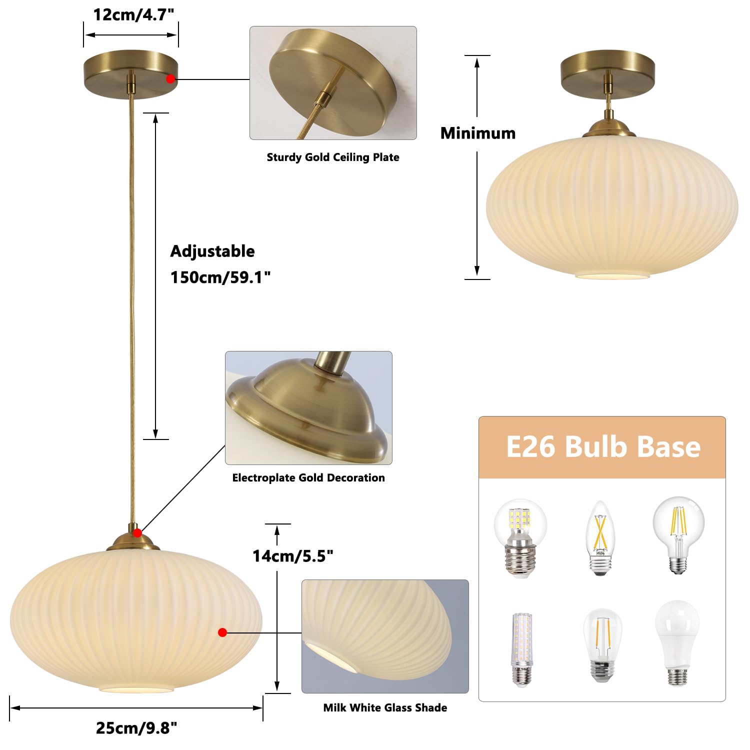 Kco Lighting Mid Century Modern Gold Globe Pendant Lighting Brushed Brass White Opal Glass Pendant Light Antique Farmhouse Singl