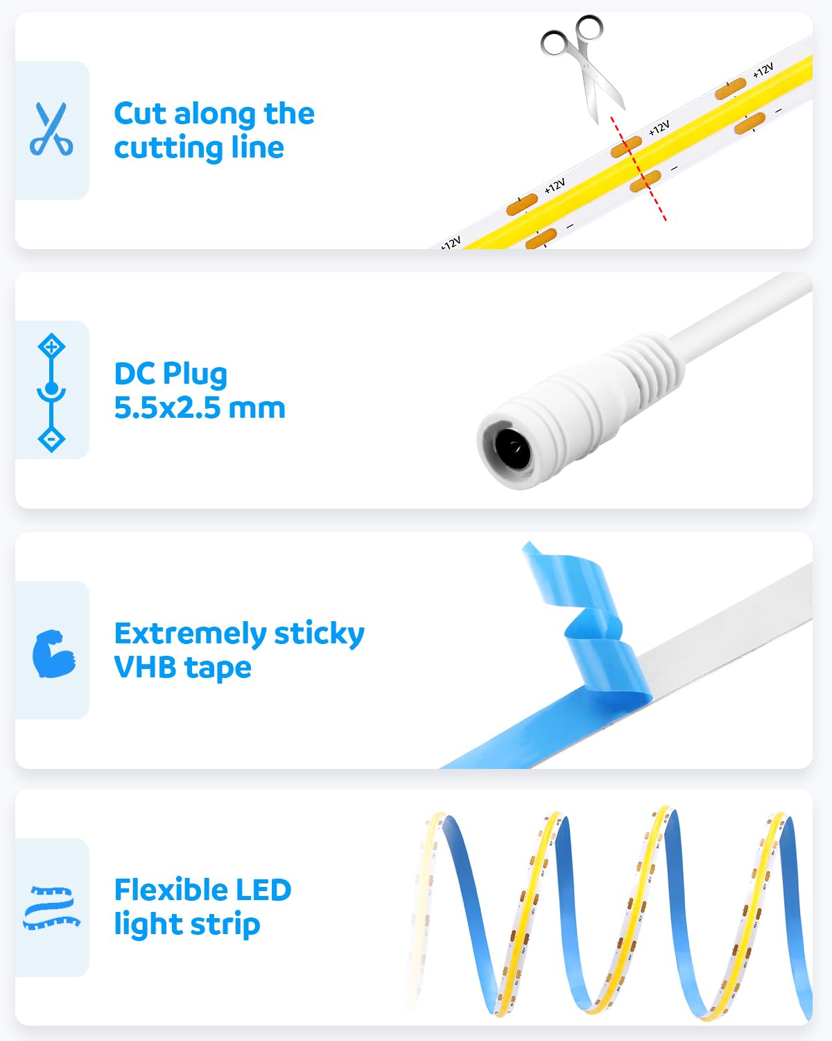 Aclorol 12 Volt Led Strip Lights Cob 16.4Ft Led Strip Lights For Bedroom 6000K Daylight White Cri85+ Flexible Led Tape Light For