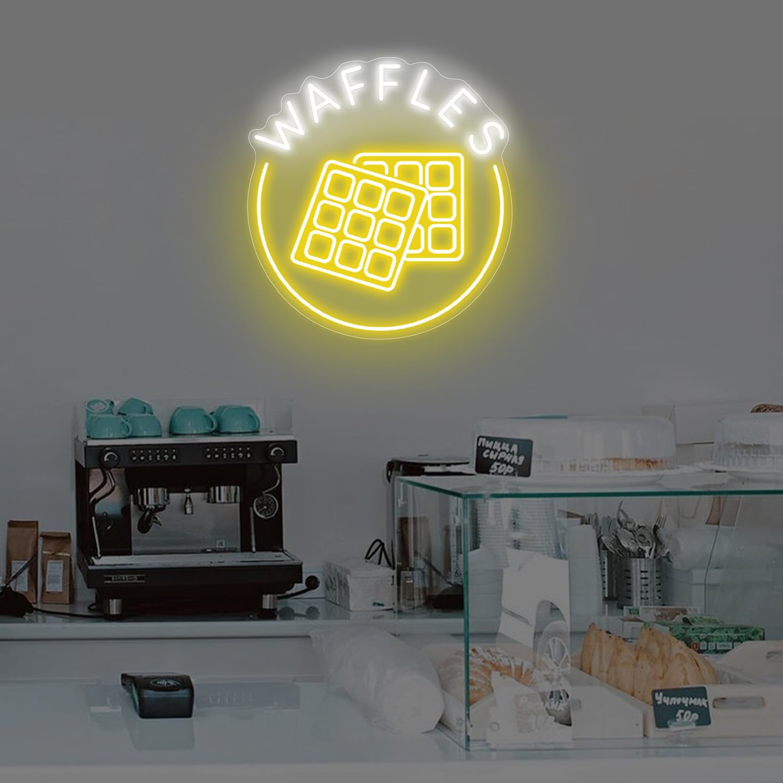 mllusxg Waffles Neon Sign LED Light for Bakery Shop, Small Wall Art Decoration, Unique Coffee Shop Decor