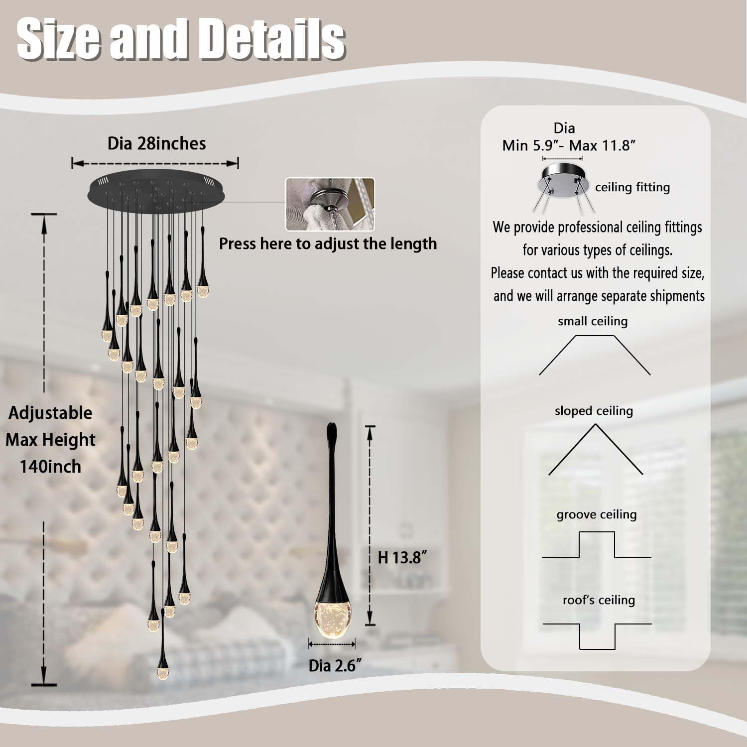 ykolupty 138" Long Spiral Crystal Chandelier, 26-Lights, Gold Raindrop Design, LED Dimmable, Model TP0038-26H, Black