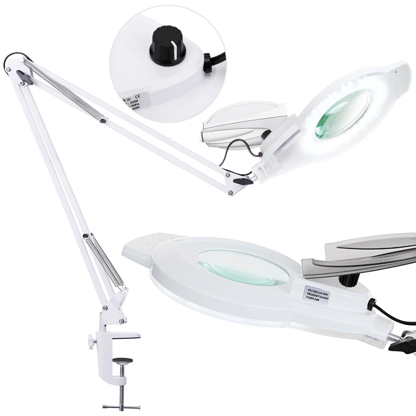 NUEYiO 10X Magnifying Glass with Light, 2200 Lumens, Stepless Dimmable, Adjustable Metal Swing Arm, White, Model NU-JDK-B