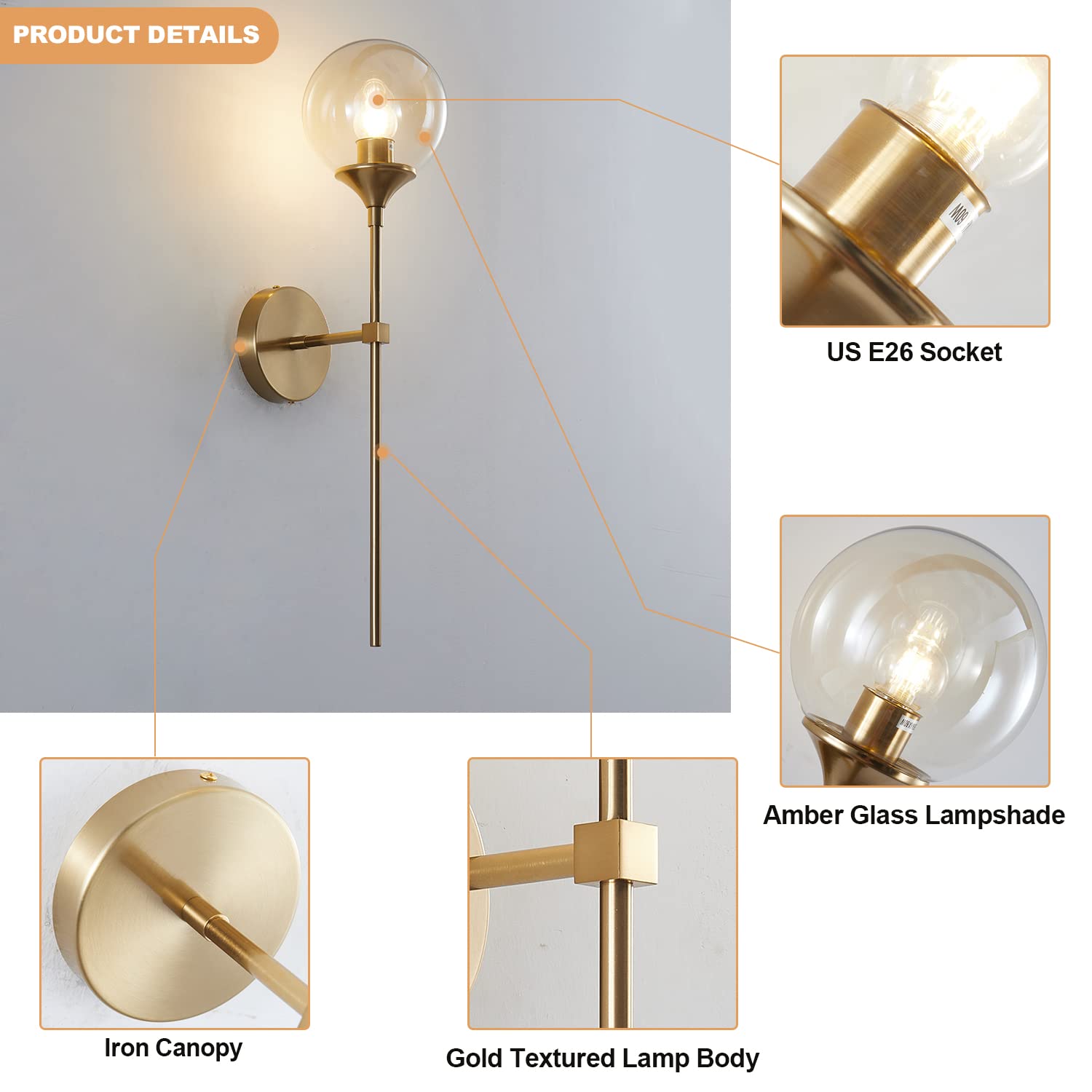 KCO Lighting Wall Sconce - Brushed Brass Gold, Amber Glass, Mid Century Modern, Model K-W1001