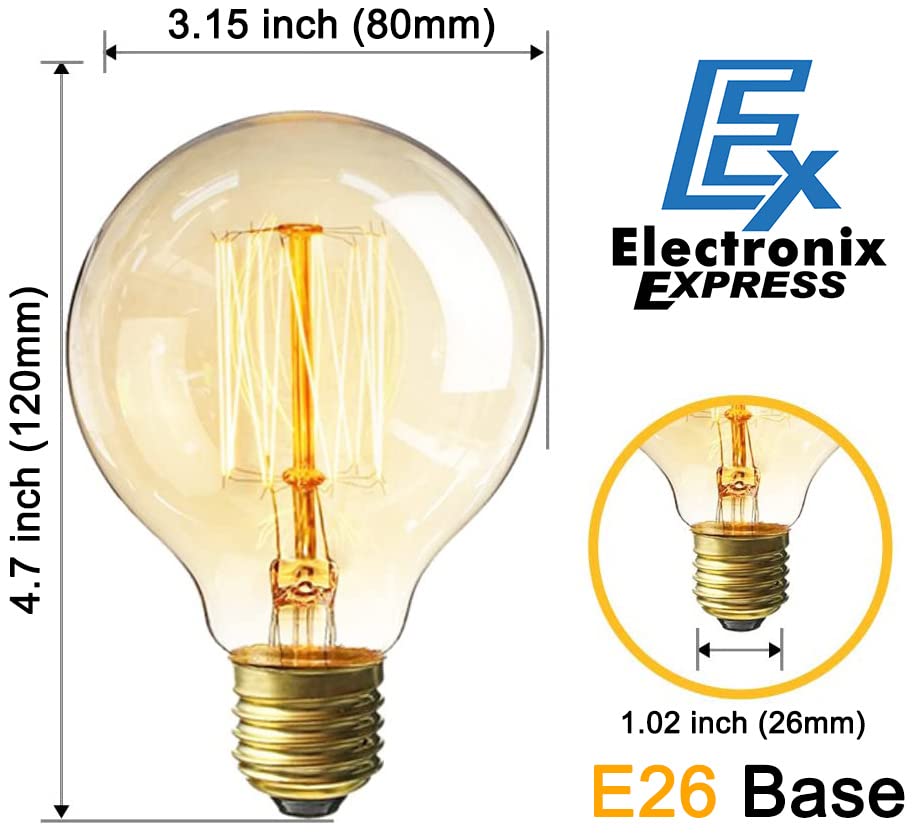 Ex Electronix Express 4 Pack Of Dimmable G80 Vintage Edison Light Bulbs, 360 Degree Beam Angle 60W Incandescent Bulbs, 2200K Amber Glow, 110-130 Volts, E26 Medium Base For Home Light Fixtures
