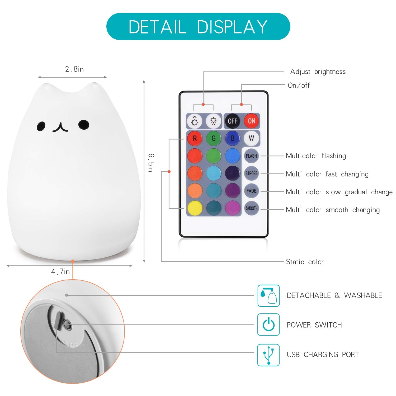 WoneNice Cute Kitty Silicone Night Light with Remote, Color Changing Kawaii Silicone Nightlights, Gift for Women Mom Teen Girls