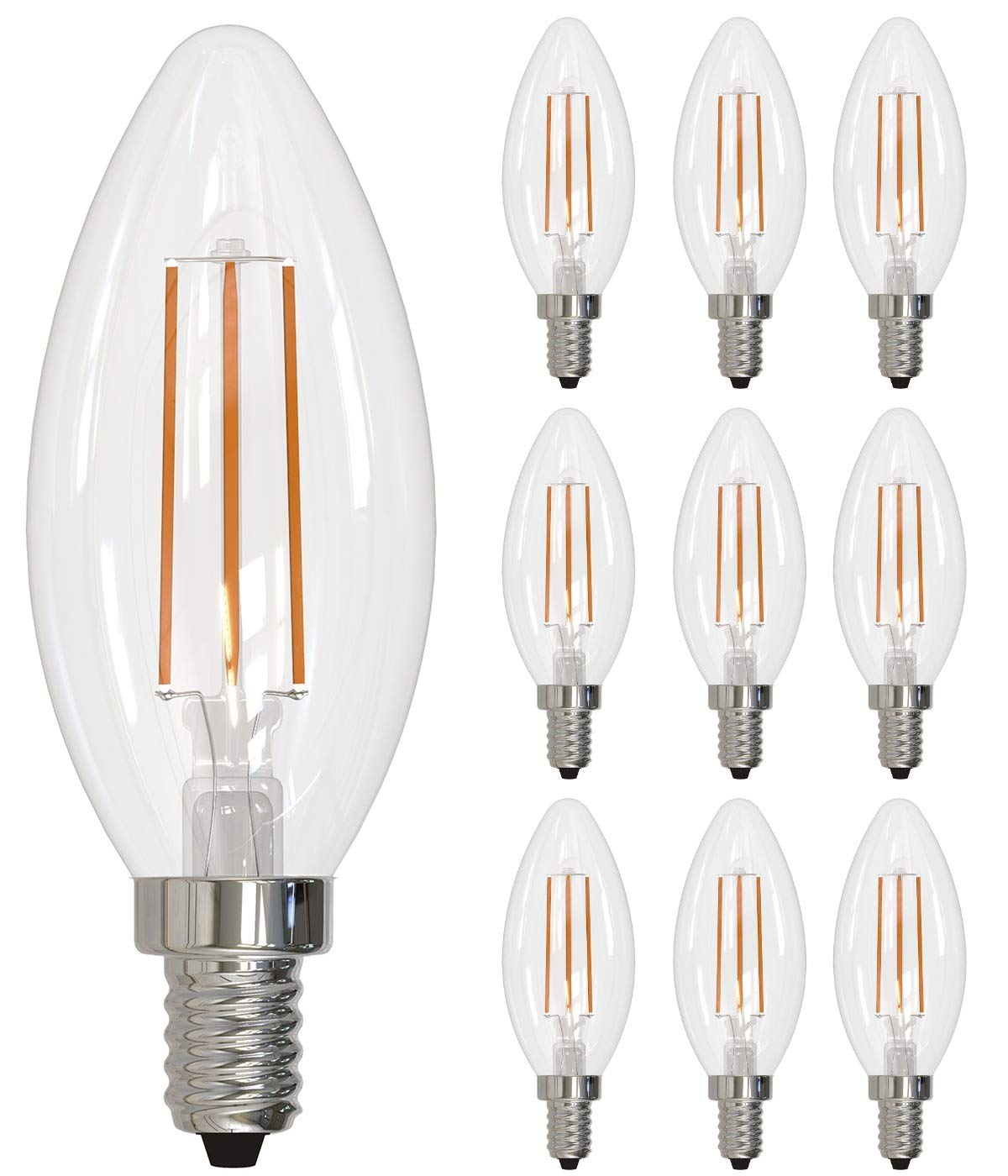 Bulbrite 4 Watt LED Filament Light Bulb, Fully Dimmable, E12 Candelabra Base, Clear Glass, Pack of 10, Model 776756