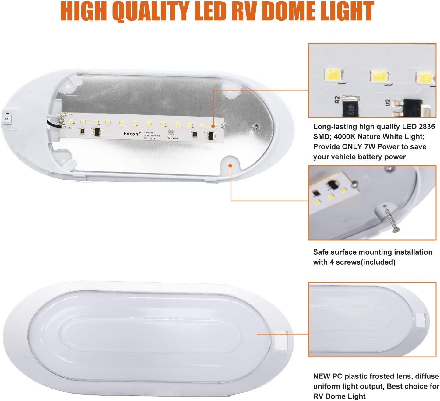 Facon 12V LED RV Pancake Light Fixture, 3000K/4000K Convertible, Plastic, L 9-1/4" x W 3-3/4"